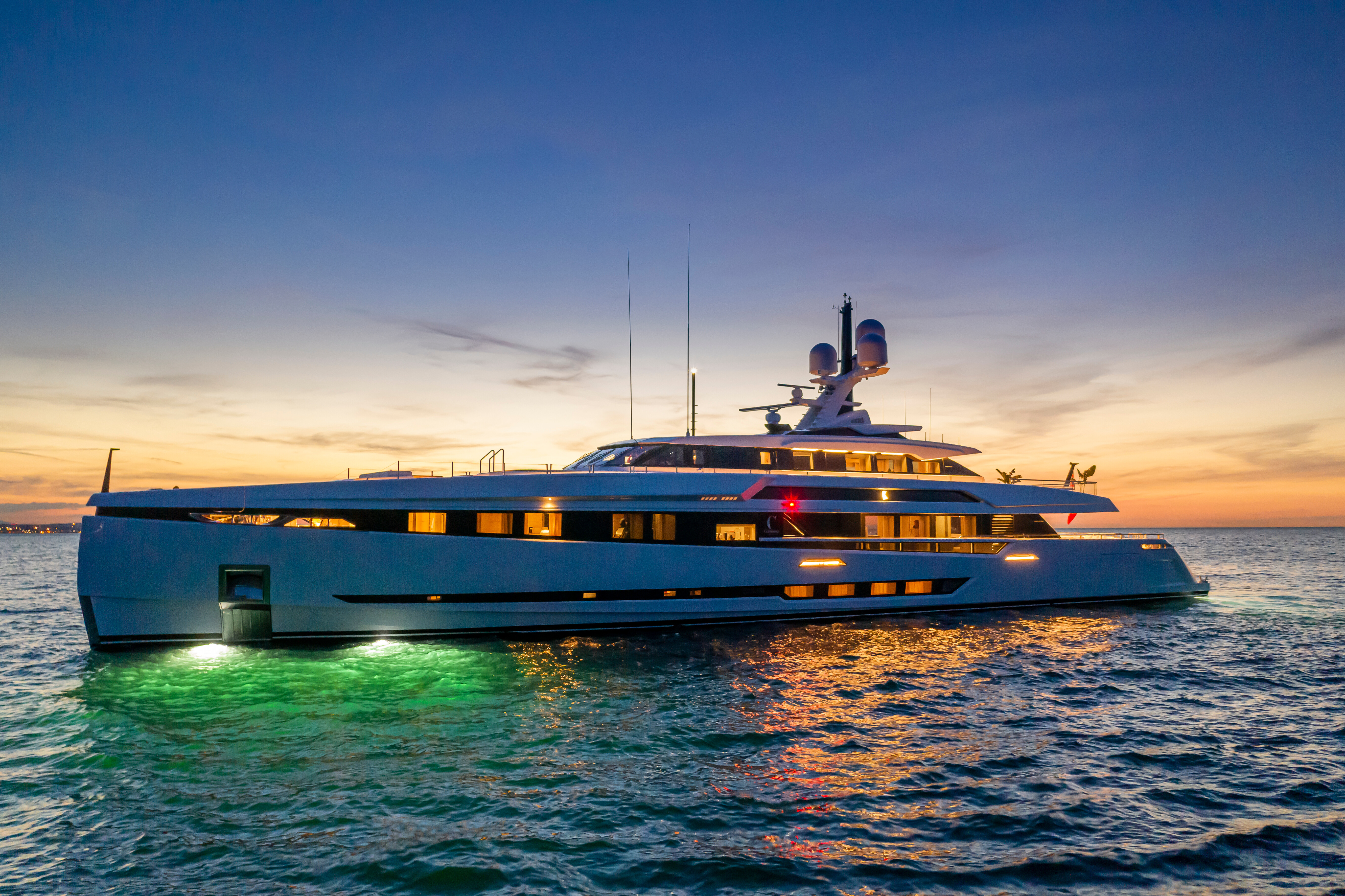 K2 yacht exterior at night