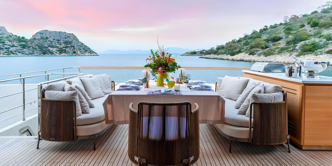 Fos anchored in the Greek islands on a luxury charter holiday
