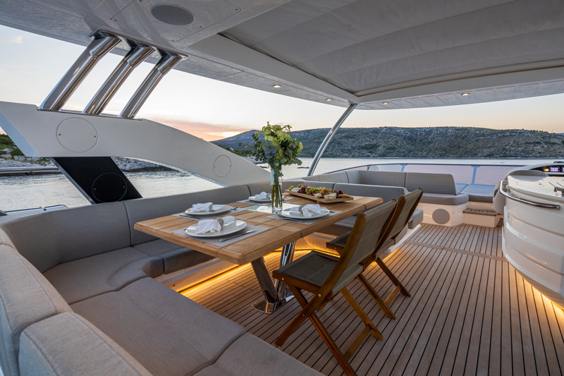 Opal Adriatic interior saloon with walnut joinery