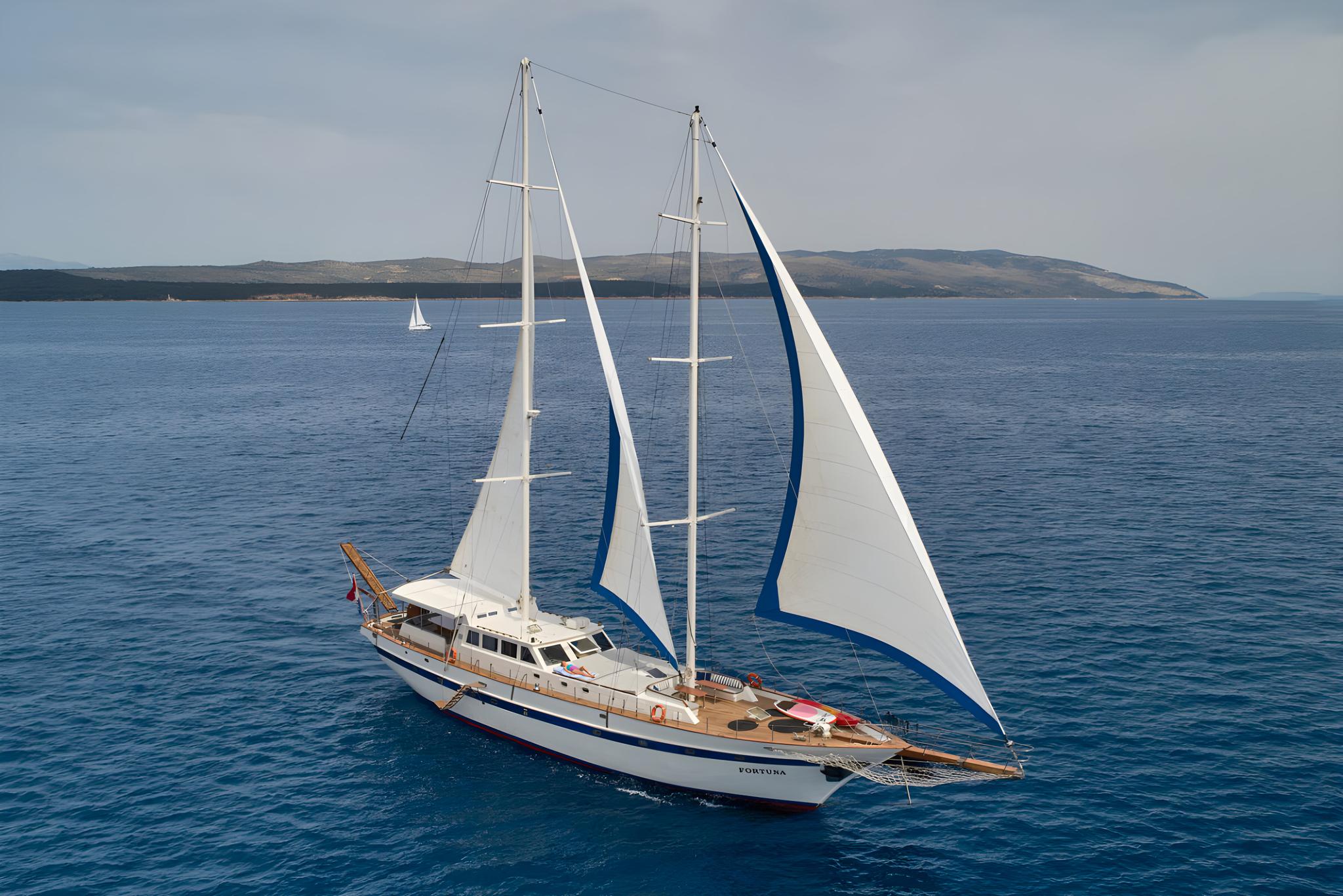 Aerial view of white sailing yacht Fortuna with deployed sails in blue waters