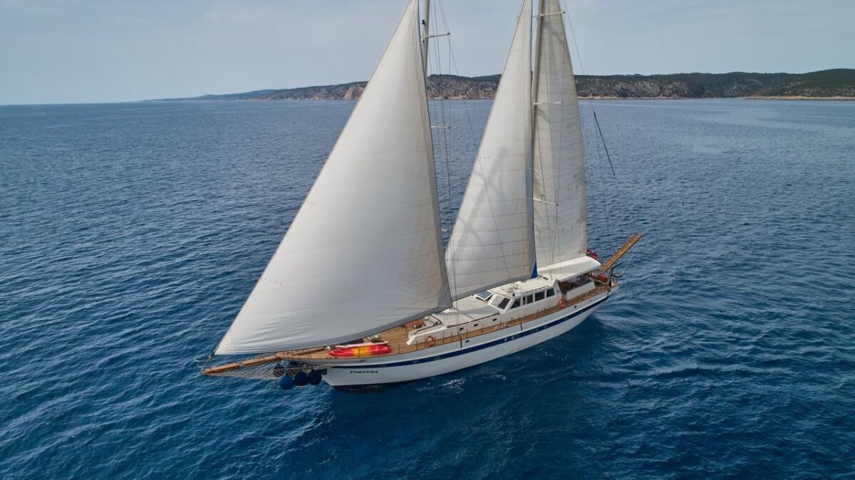 Aerial view of white sailing yacht with two sails in blue Mediterranean waters