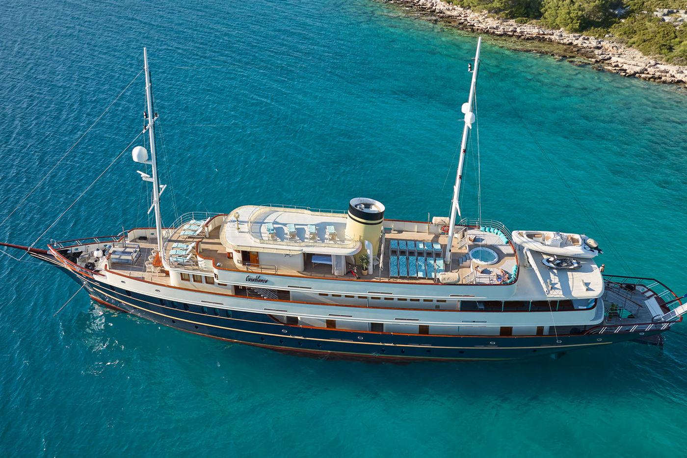 Aerial view of luxury gulet yacht anchored in crystal clear turquoise waters
