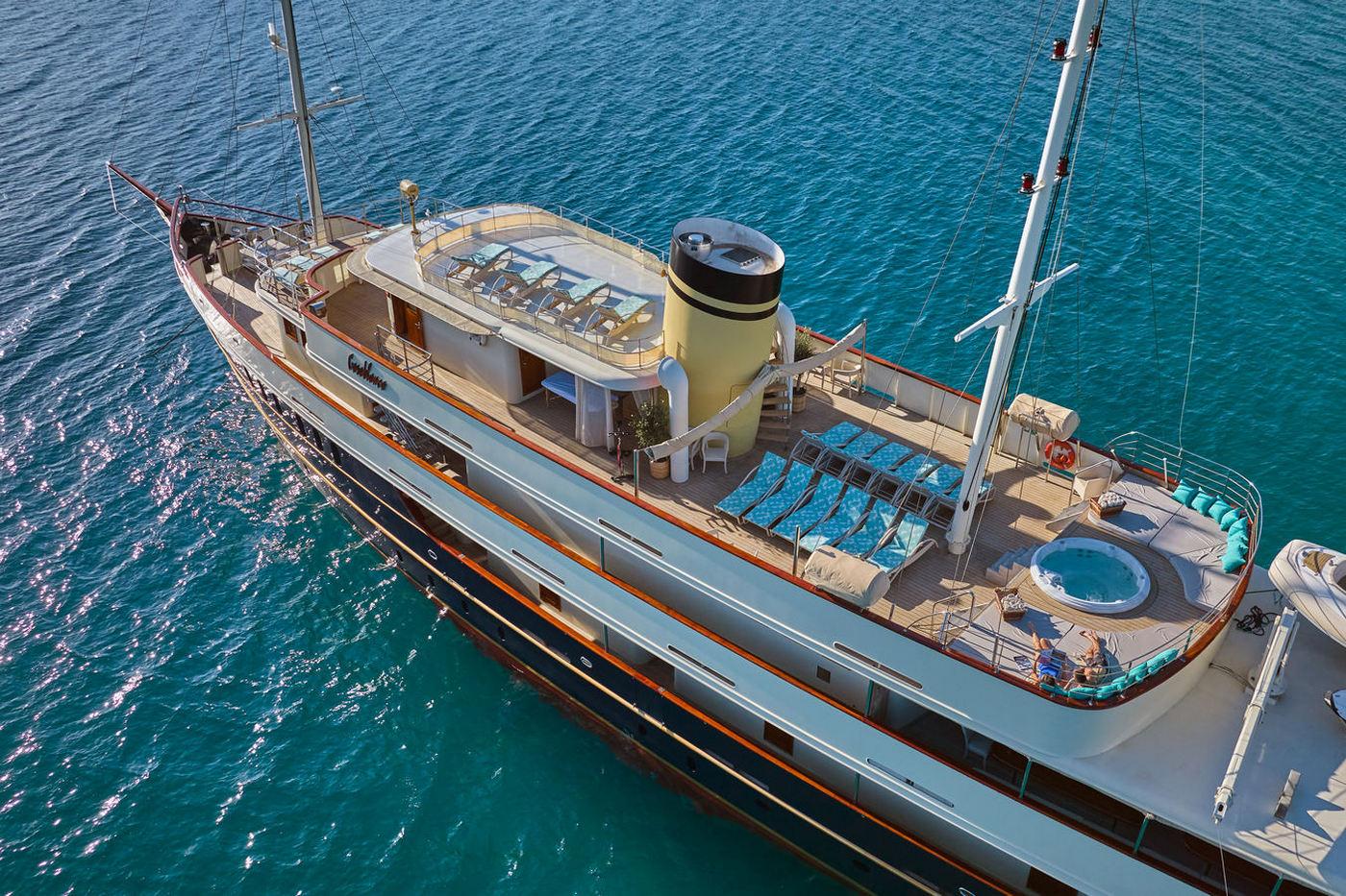 Aerial view luxury yacht white hull orange trim jacuzzi upper deck