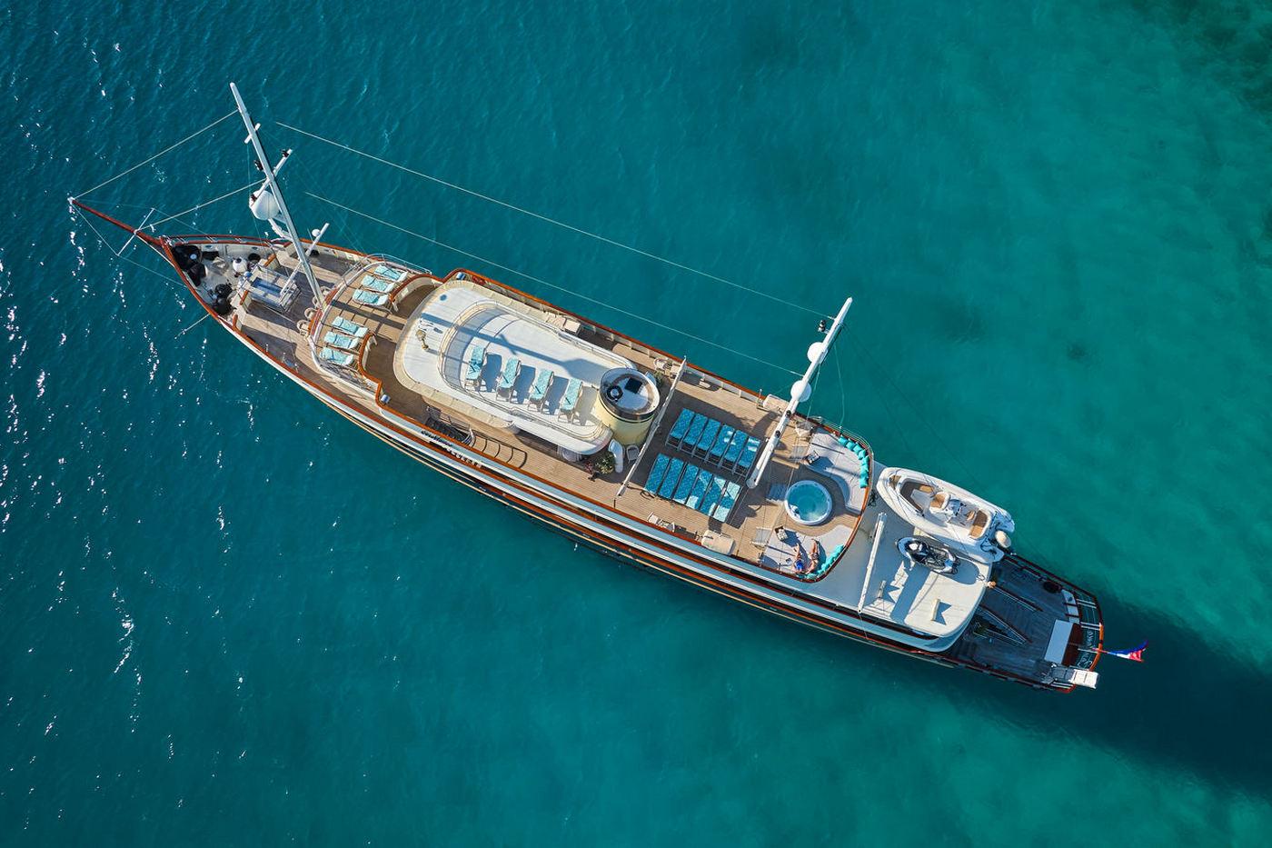 aerial view luxury gulet yacht anchored crystal clear turquoise Mediterranean waters