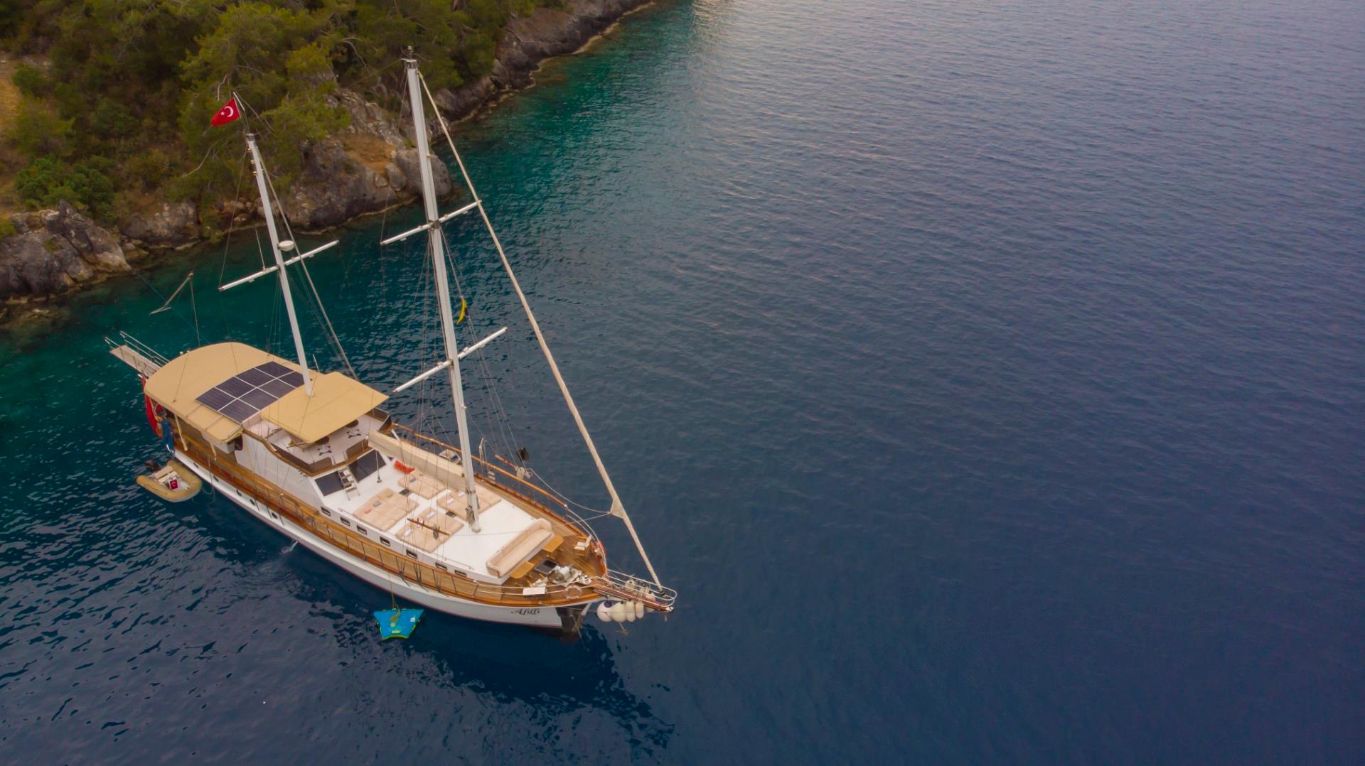 aerial view of traditional wooden gulet with two masts anchored in secluded turquoise bay