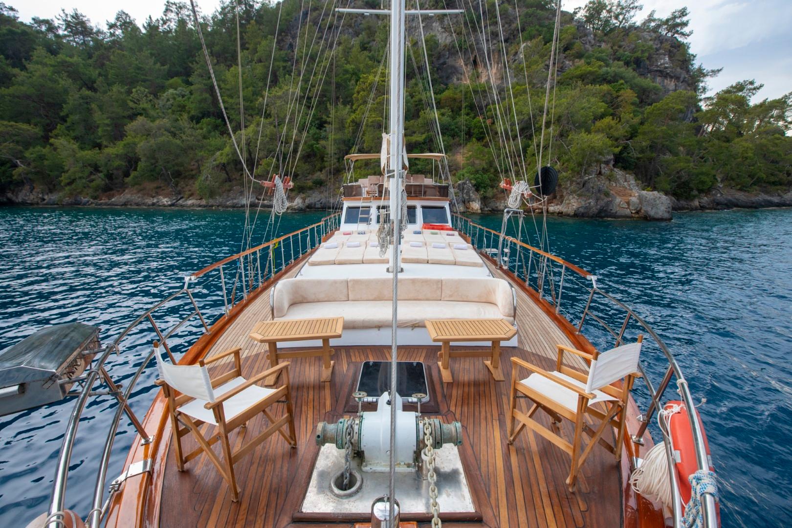 gulet forward deck with white cushioned seating, teak tables, and sailing rigging in Mediterranean bay