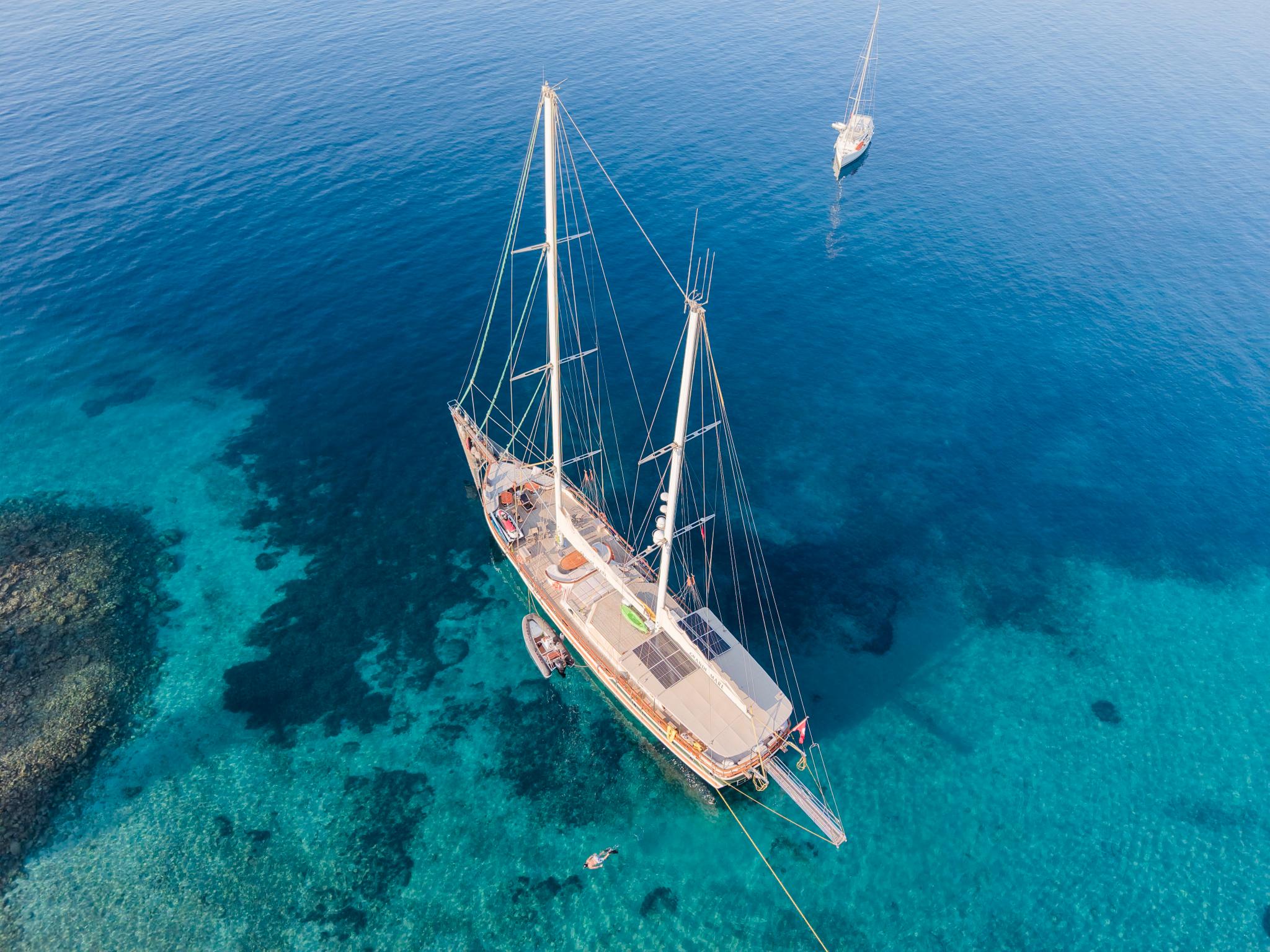 aerial view of white gulet yacht with two masts anchored in turquoise Mediterranean waters