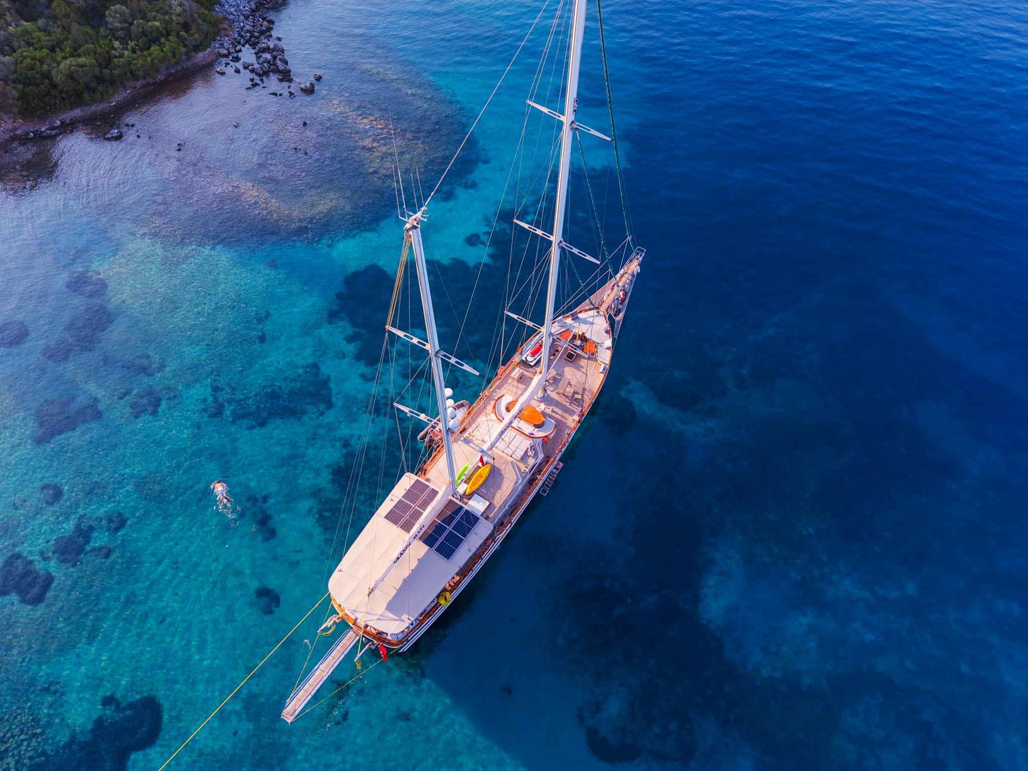 aerial view of traditional gulet yacht with two masts anchored in crystal clear turquoise waters