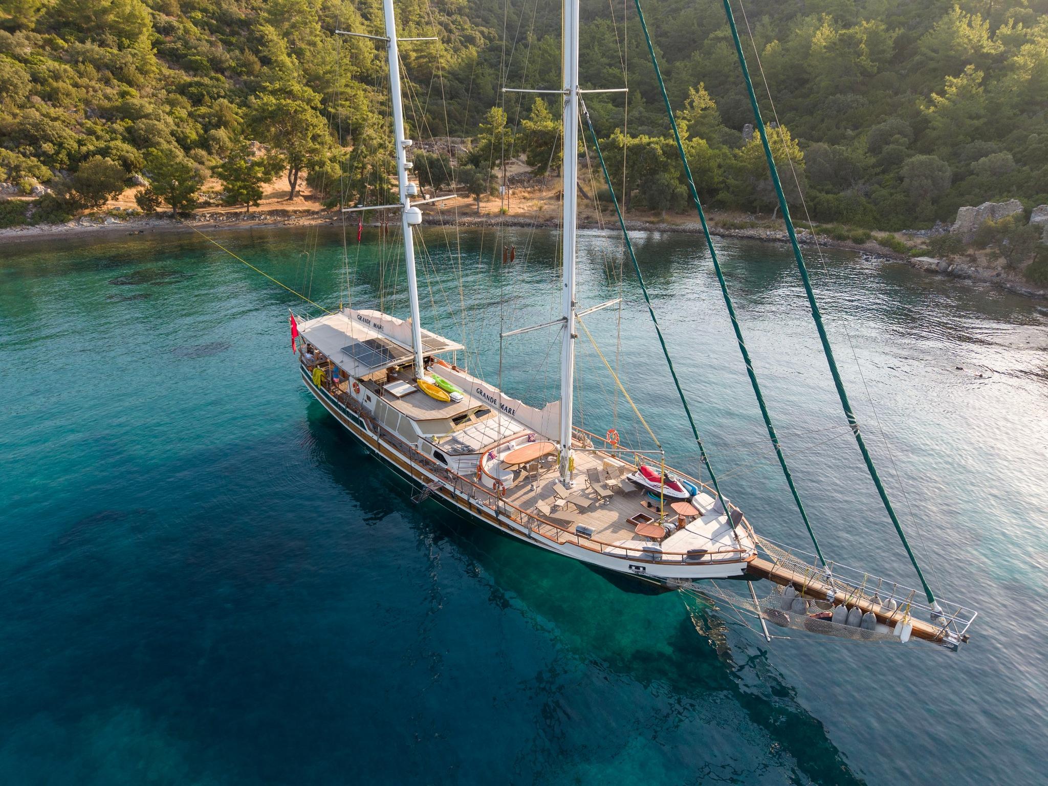 aerial drone shot of traditional wooden gulet yacht anchored in crystal clear turquoise Mediterranean bay