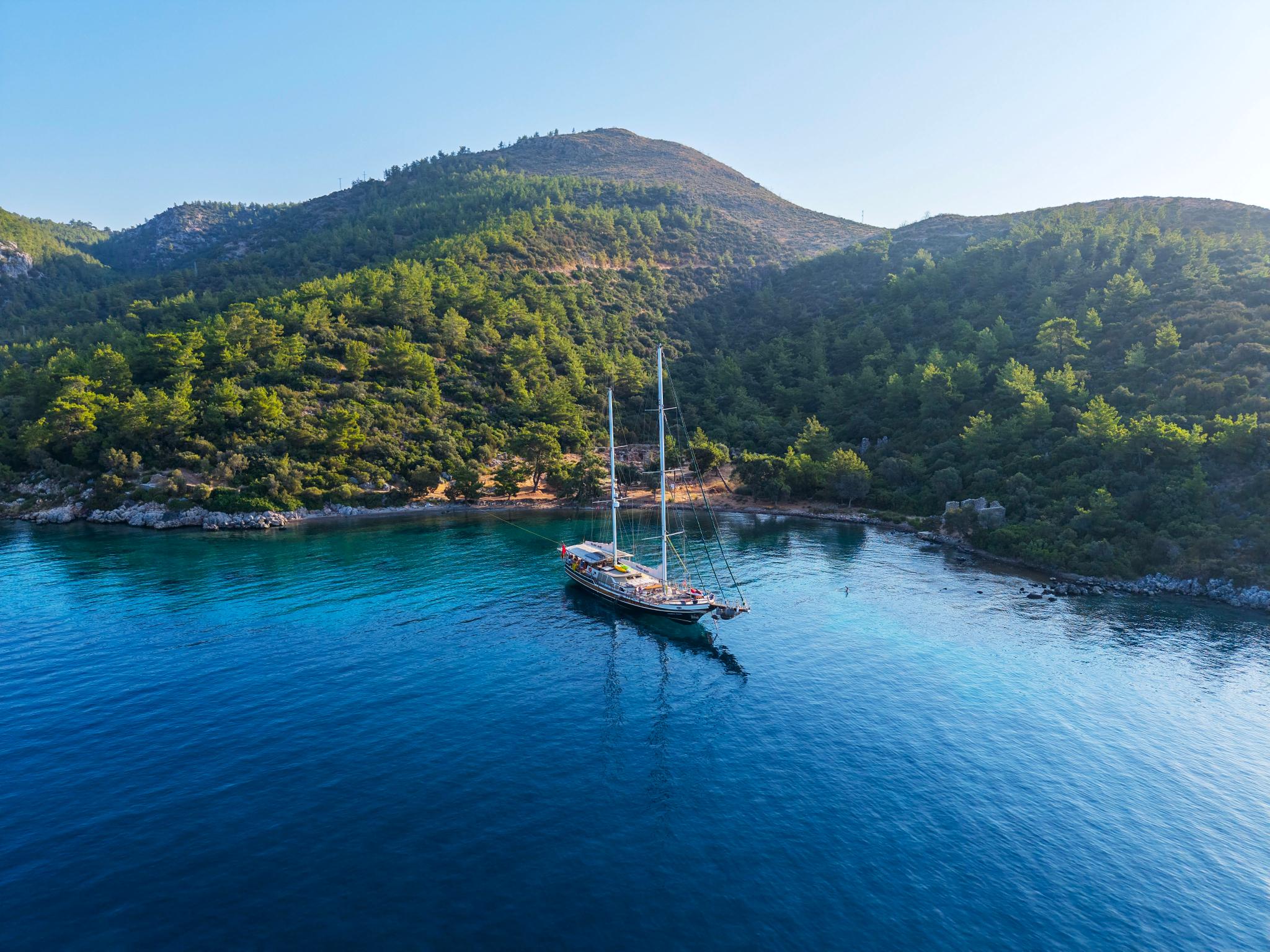 aerial view of traditional gulet yacht anchored in pristine turquoise bay with pine covered Mediterranean coastline