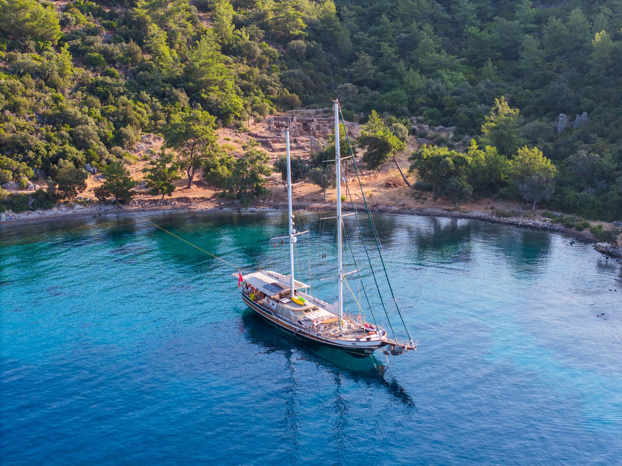aerial view of traditional wooden gulet yacht anchored in crystal clear turquoise Mediterranean bay