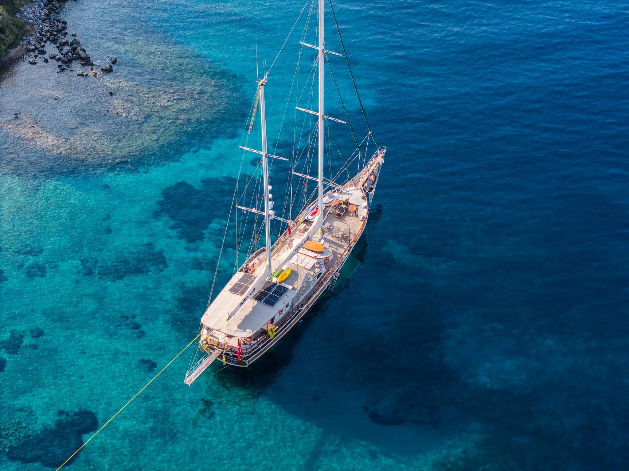 aerial view of traditional wooden gulet yacht anchored in shallow turquoise Mediterranean bay