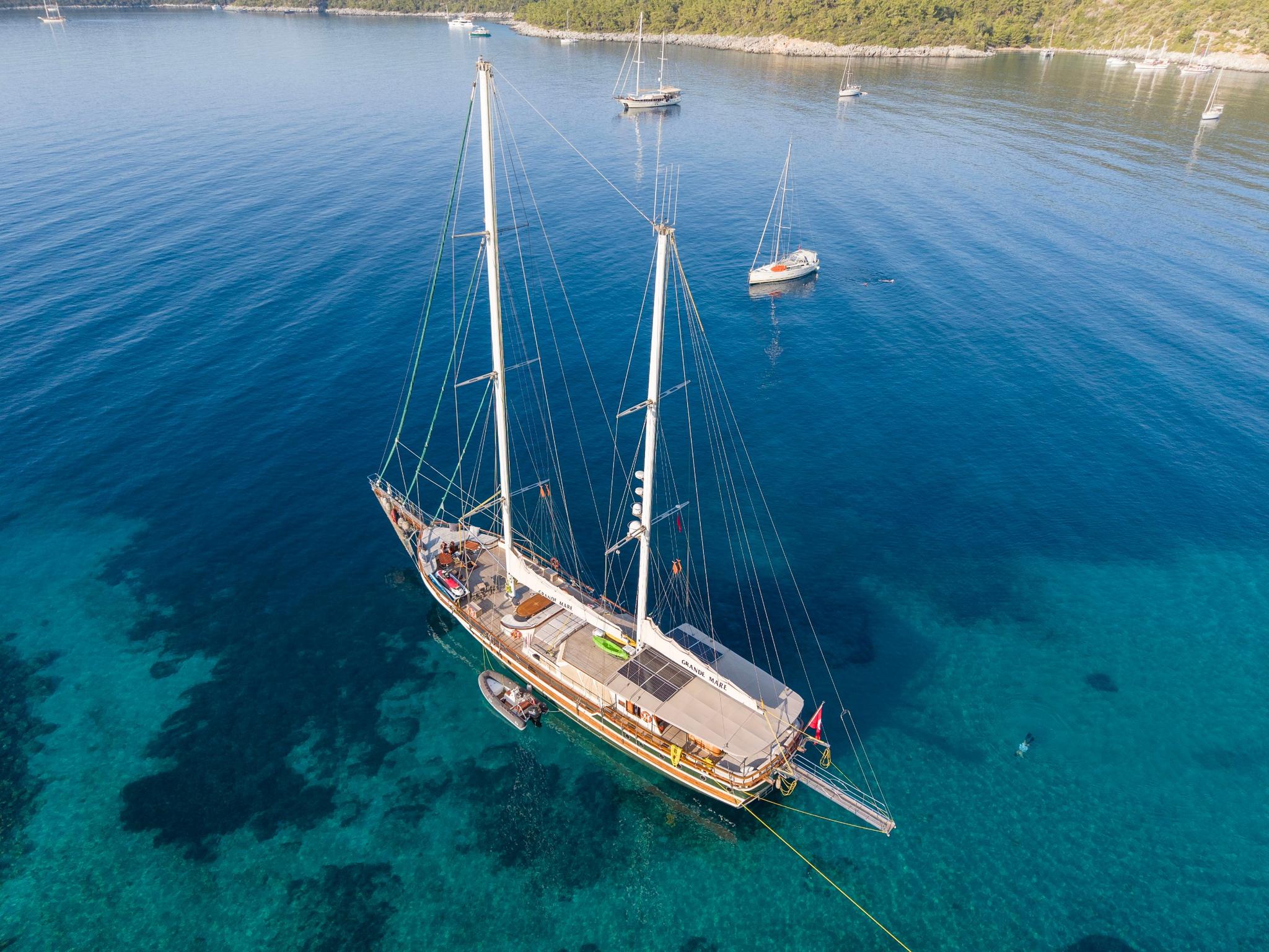 aerial view of traditional wooden gulet yacht anchored in turquoise Mediterranean bay with two masts
