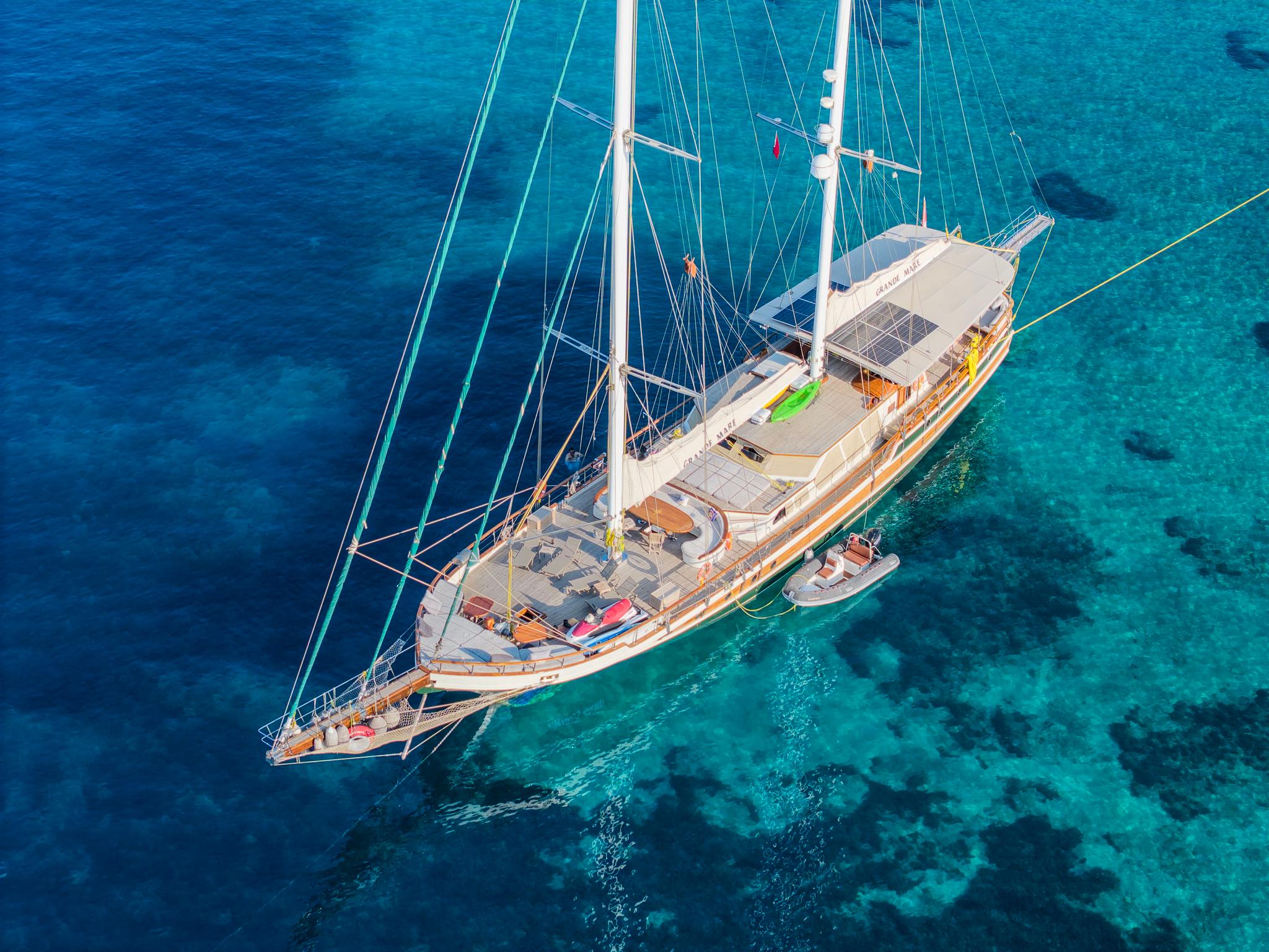 aerial view of white sailing gulet with two masts anchored in crystal clear turquoise waters