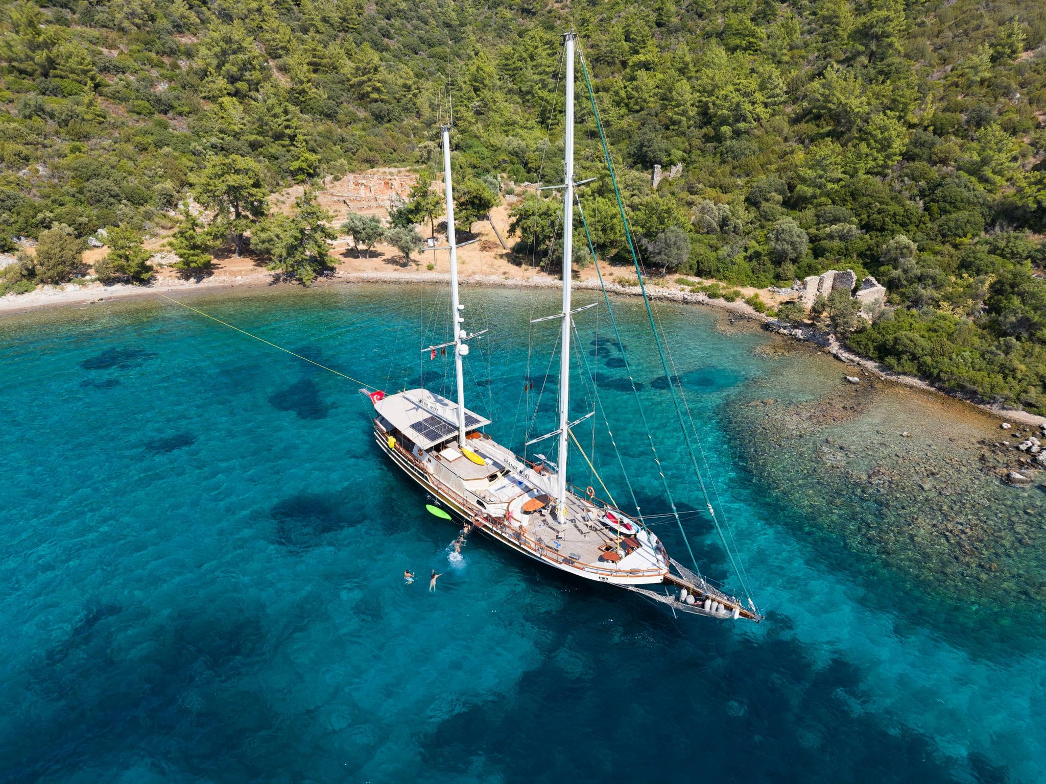 aerial view of traditional gulet yacht anchored in crystal clear turquoise bay near forested coastline