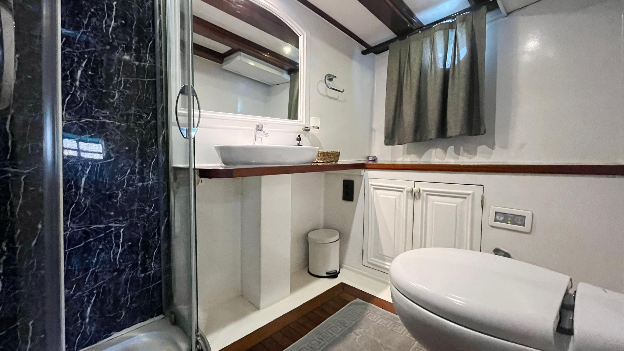 yacht bathroom featuring dark marble shower, white vessel sink on wood vanity and toilet
