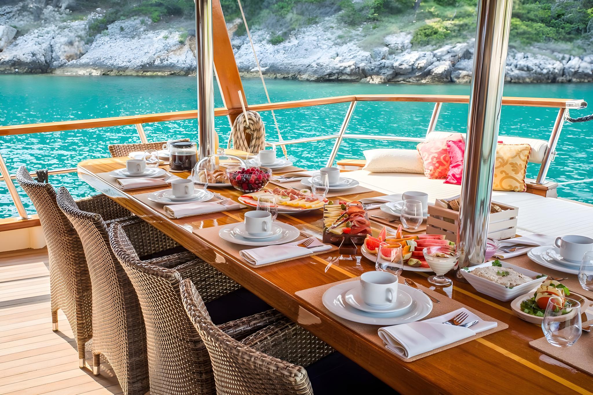 yacht aft deck dining table set with breakfast plates, coffee cups and fresh fruit