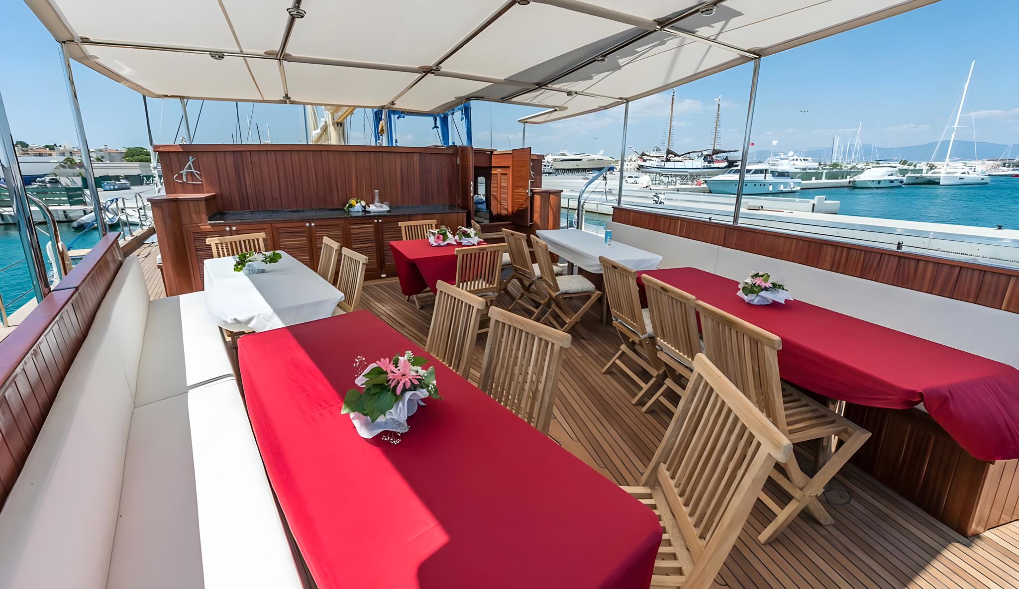 Yacht aft deck dining area with red tablecloths, teak chairs, and canvas awning in marina
