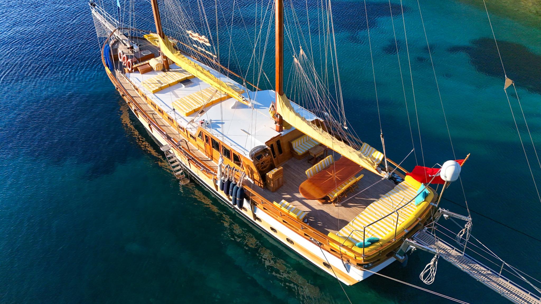 overhead drone shot of wooden gulet yacht anchored in crystal clear turquoise waters