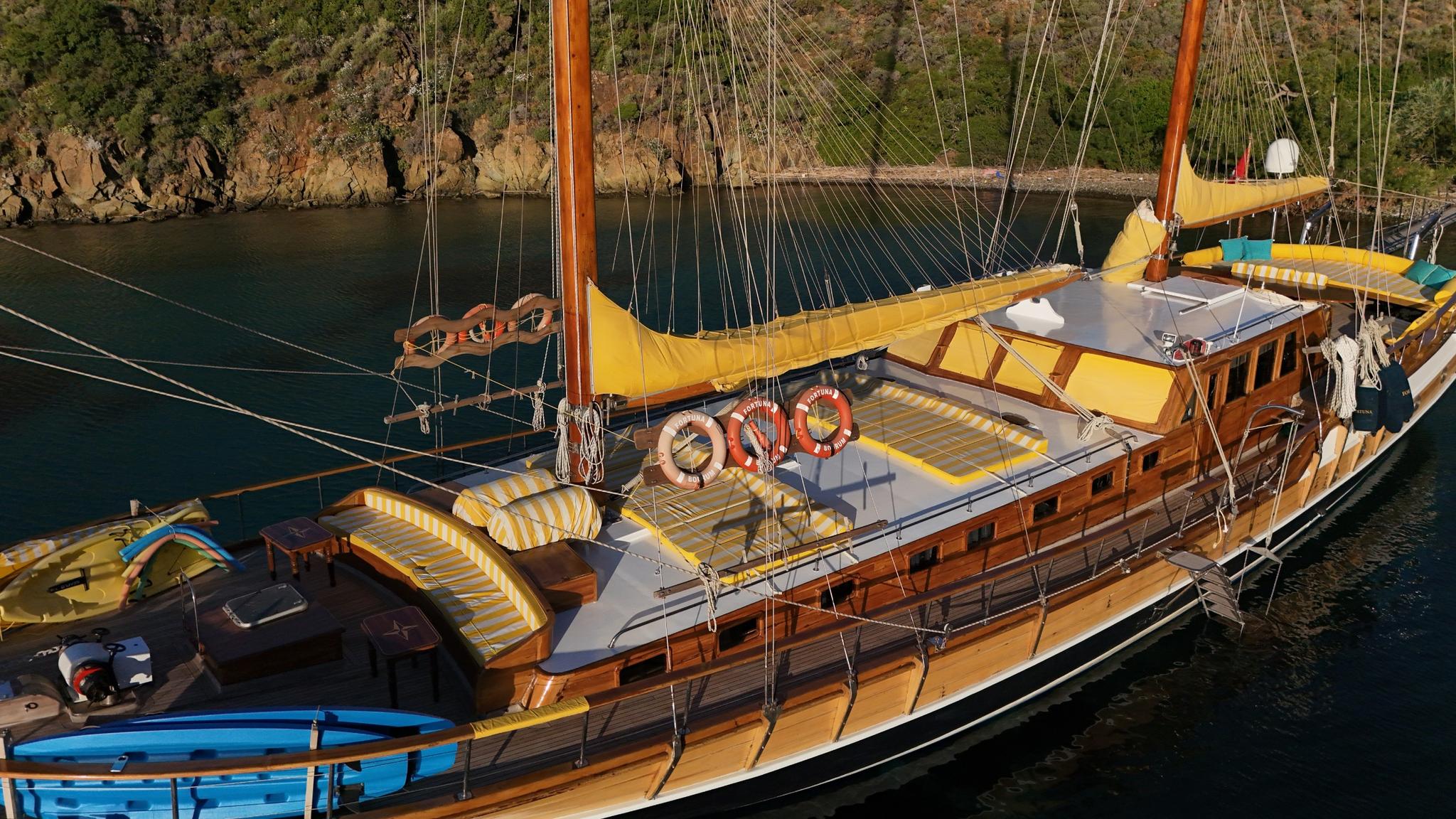 Traditional wooden gulet with yellow awning anchored in protected cove with rocky coastline