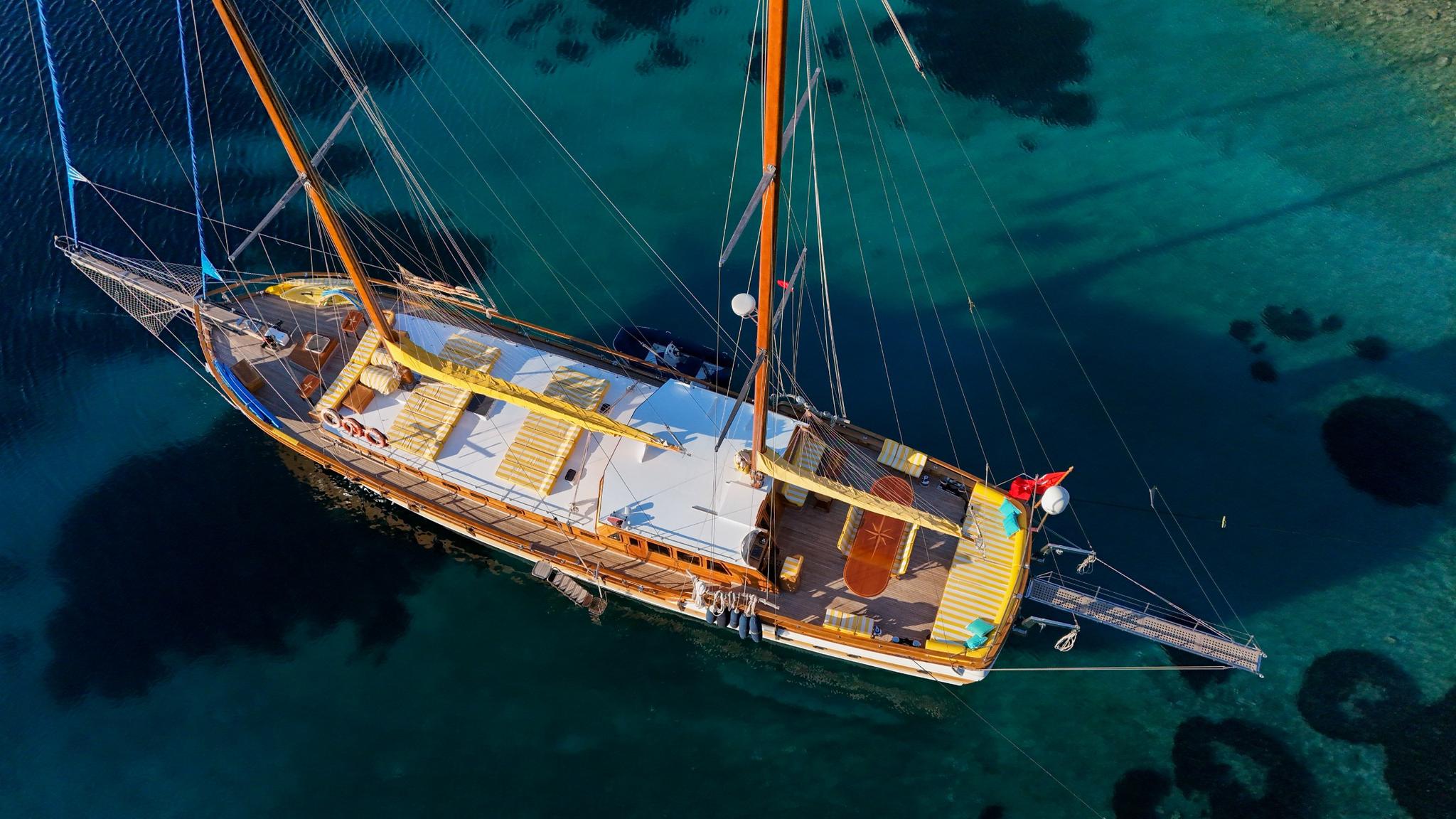 aerial view of traditional wooden gulet with two masts anchored in crystal clear turquoise waters