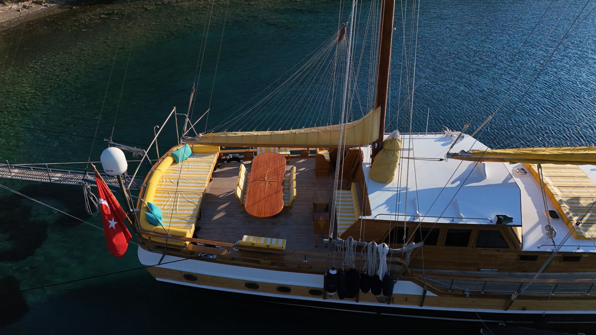 aerial view of wooden gulet yacht with striped sun cushions on aft deck in turquoise waters