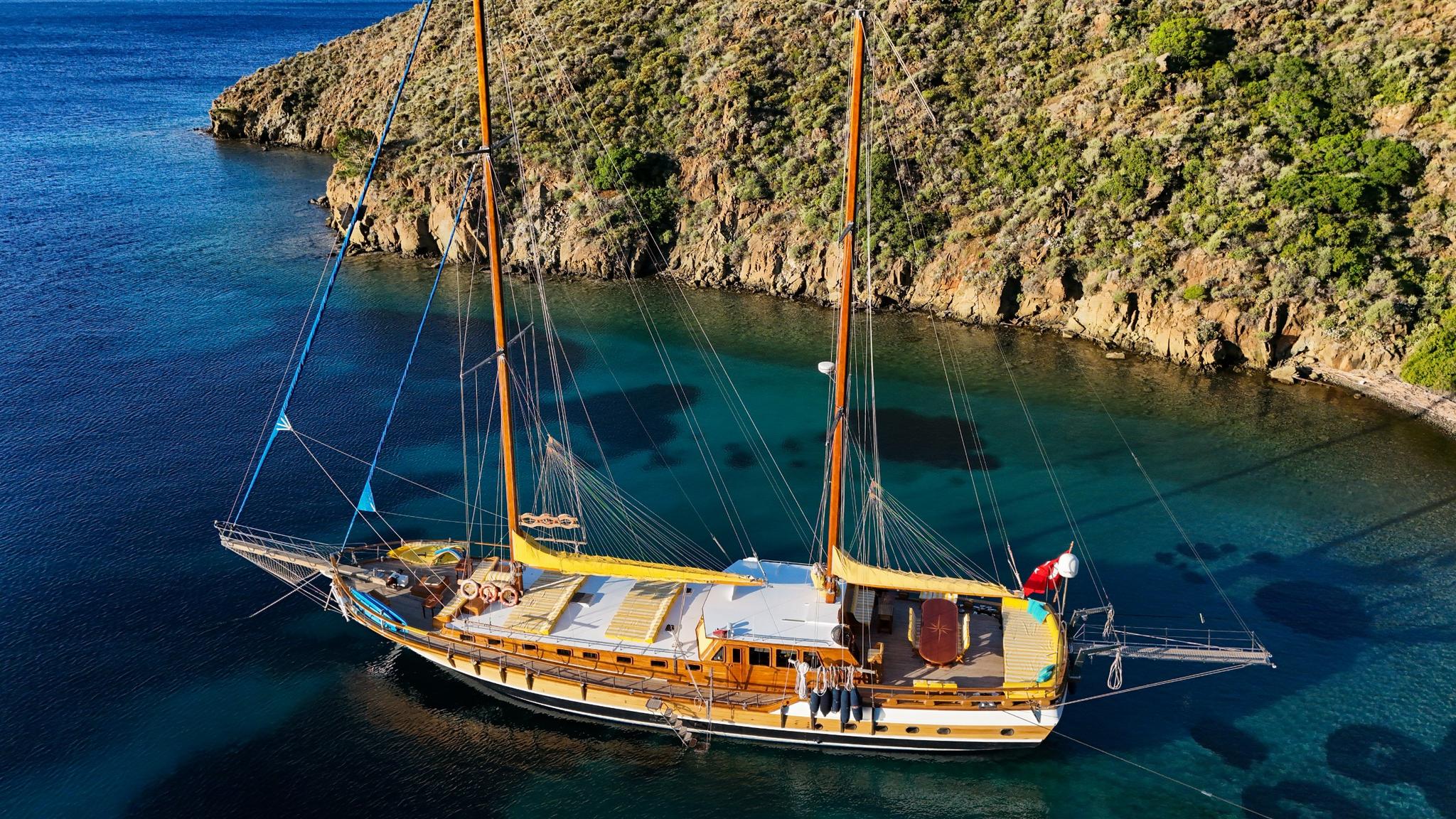 aerial view of traditional wooden gulet with two masts anchored in crystal clear turquoise bay