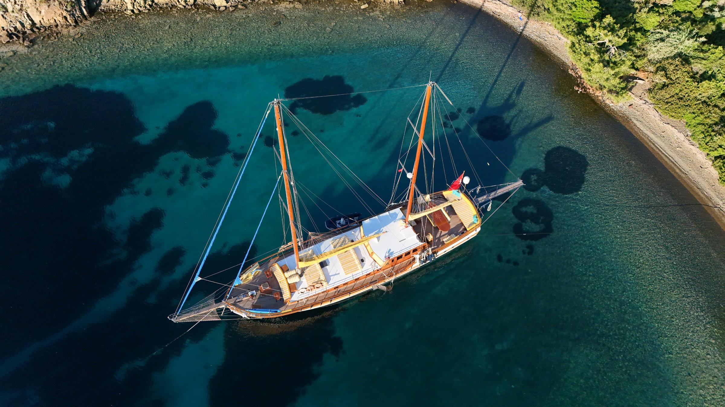 aerial view of classic wooden gulet with two masts anchored in crystal clear turquoise Mediterranean bay