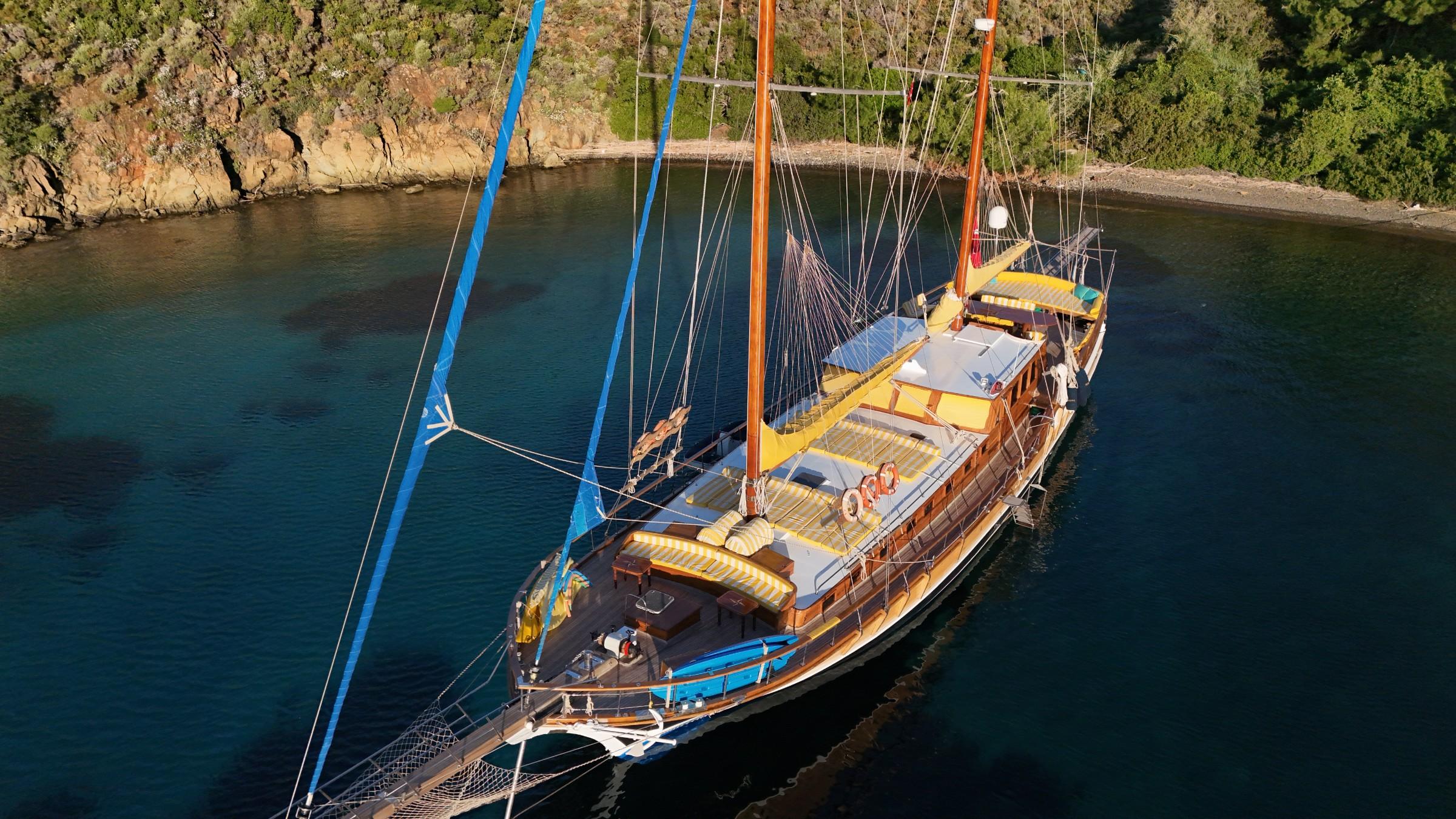 aerial view of traditional wooden gulet with two masts anchored in protected turquoise bay