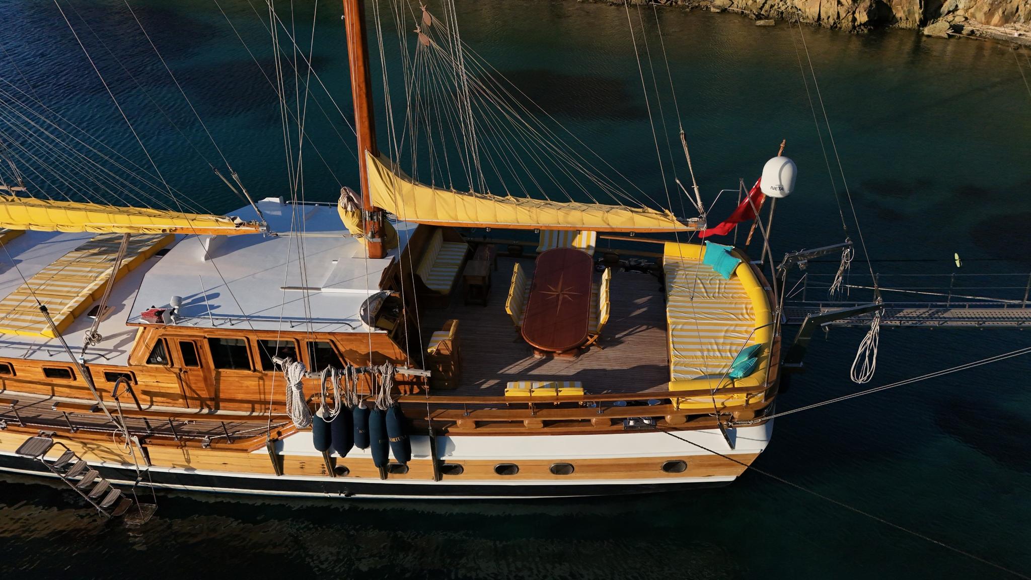 aerial view of traditional wooden gulet with yellow awning moored in clear turquoise bay