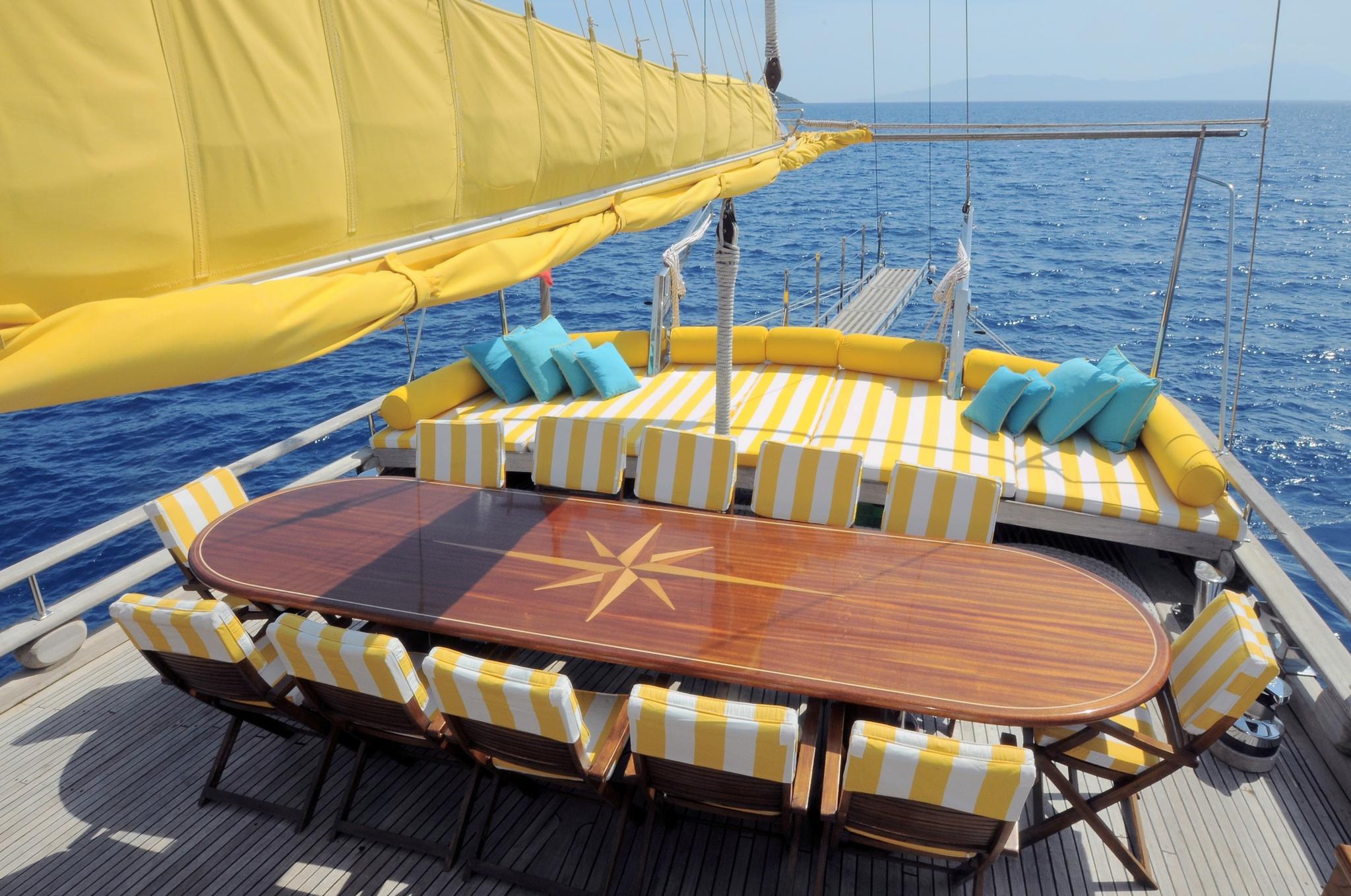 Forward deck dining area with oval wooden table featuring compass rose inlay and yellow striped cushioned seating