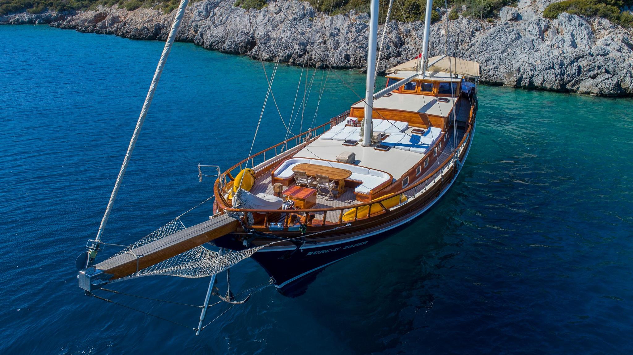 aerial view of wooden gulet yacht at anchor in turquoise bay with limestone cliffs