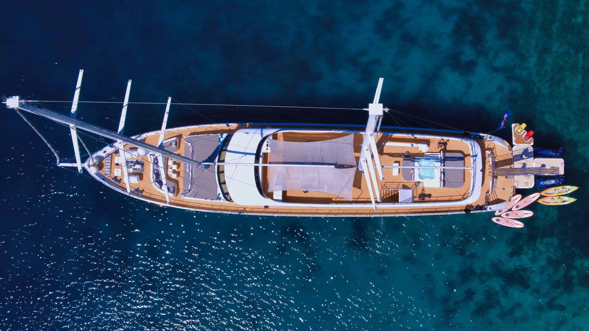 aerial drone shot of luxury gulet showing teak decks, white canvas awnings and water toys