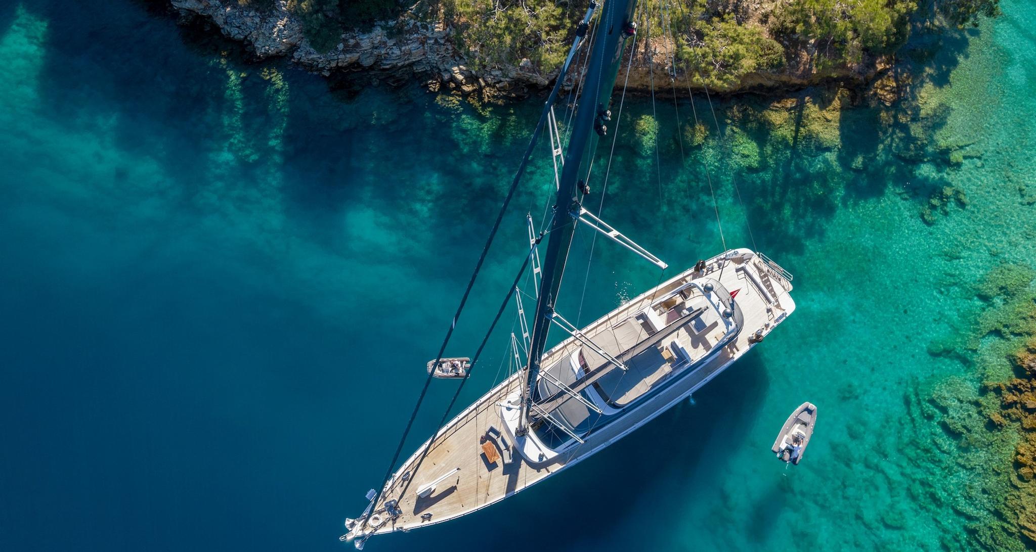 Long Island gulet aerial view in Türkiye