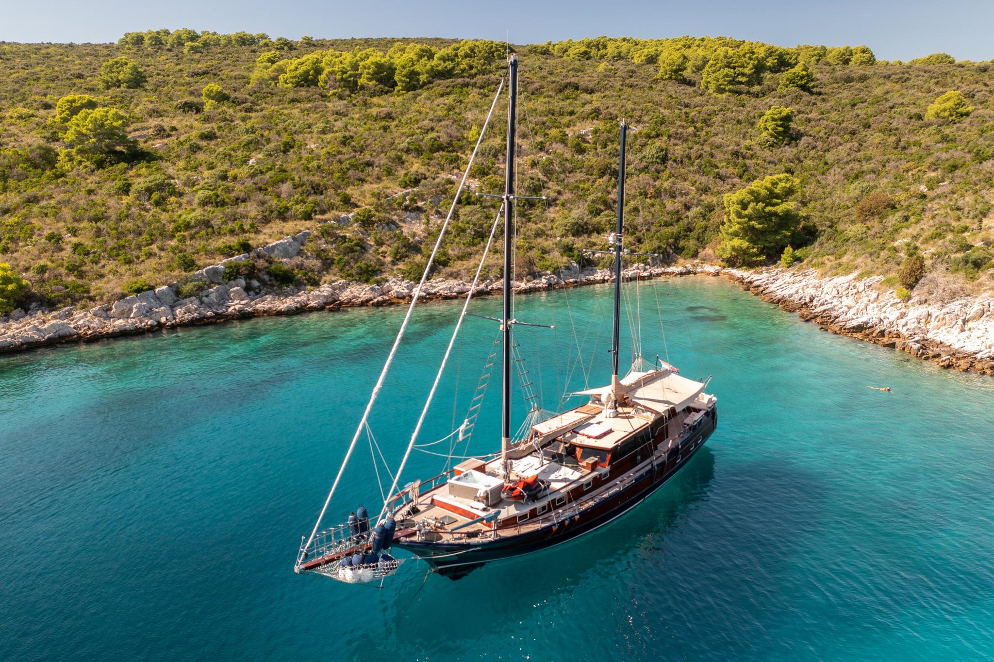 aerial view of traditional wooden gulet yacht anchored in turquoise Mediterranean bay