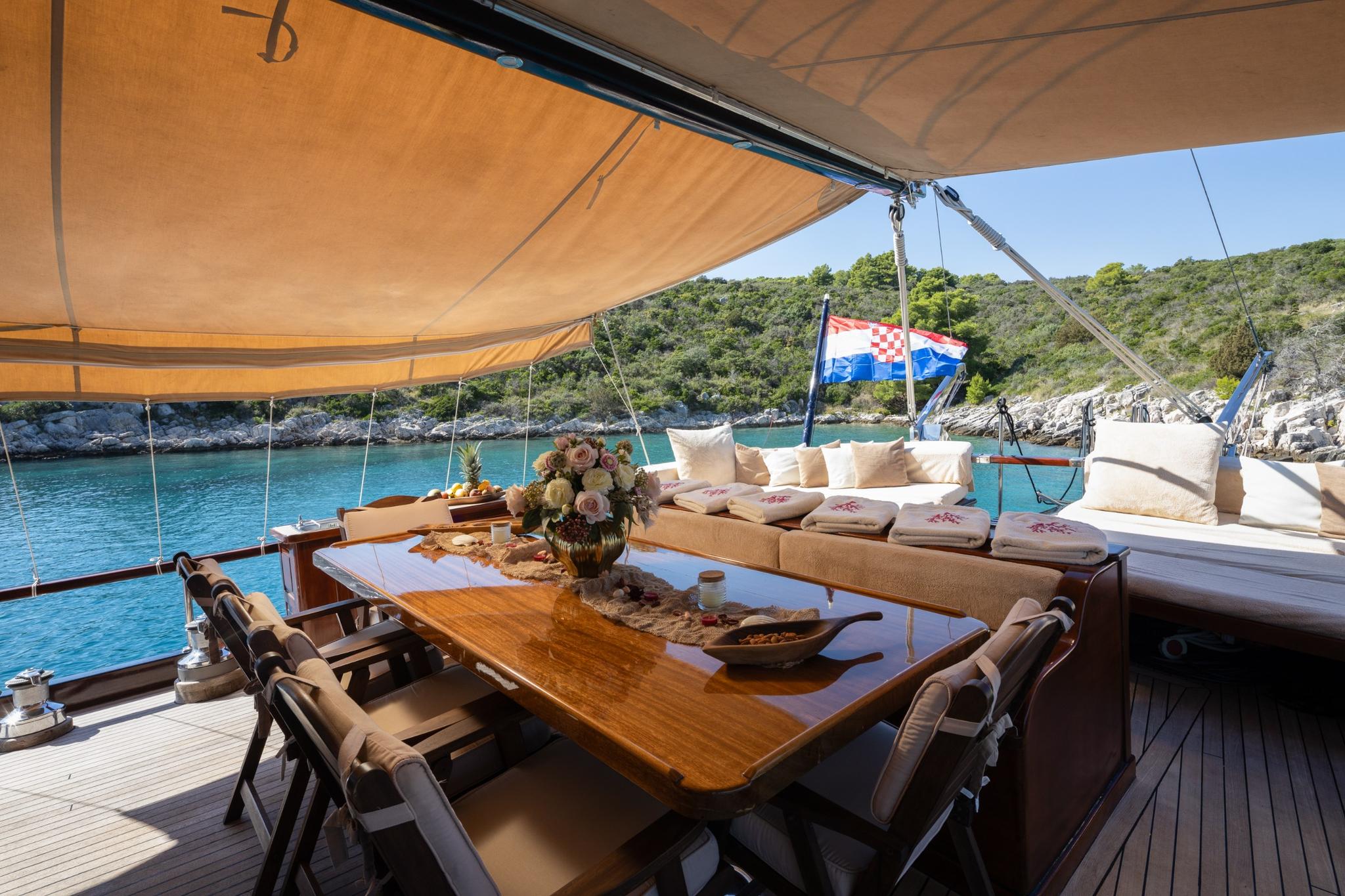 gulet aft deck dining table with chairs under awning in Croatian bay
