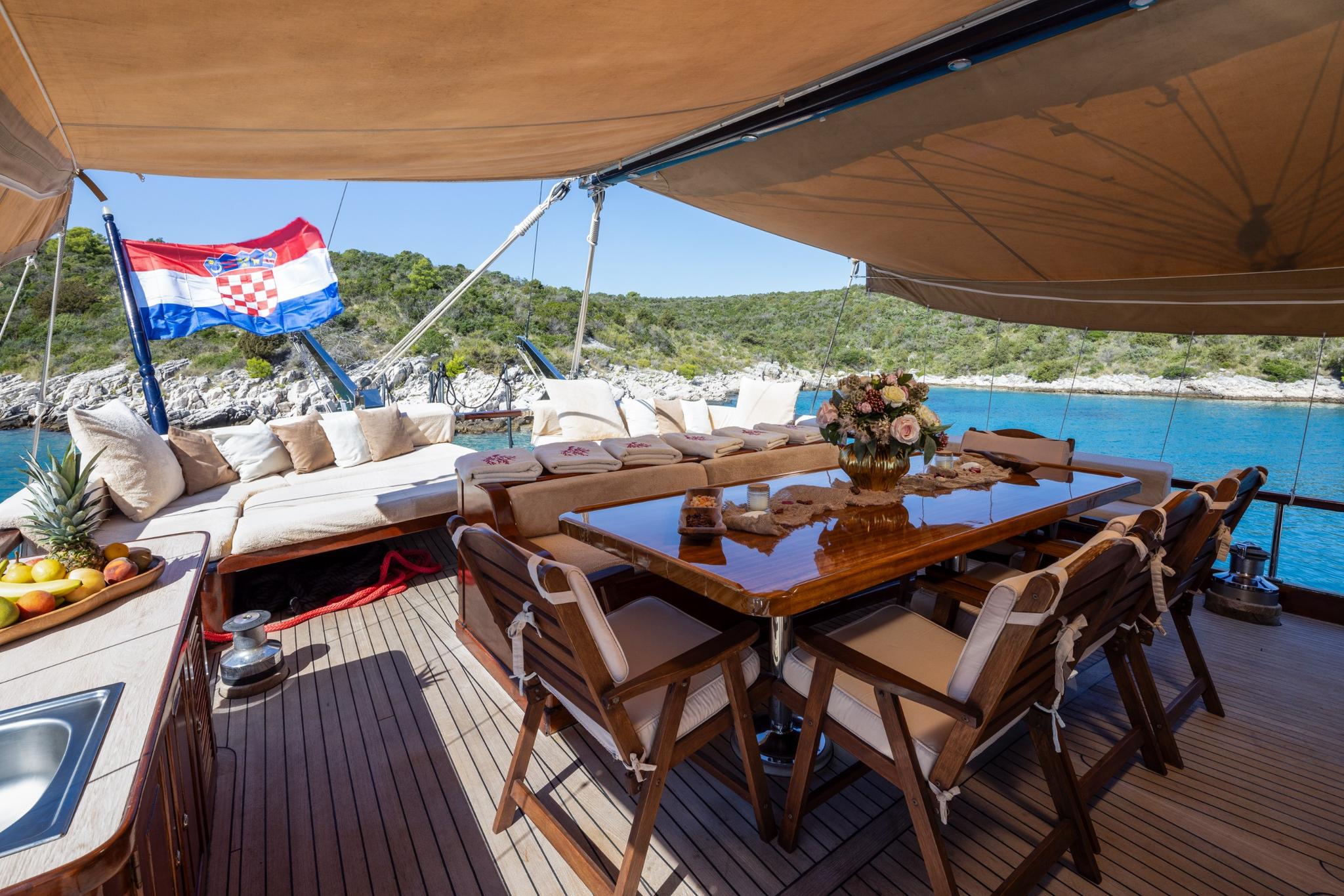 gulet aft deck with dining table, cushioned seating area and Croatian flag
