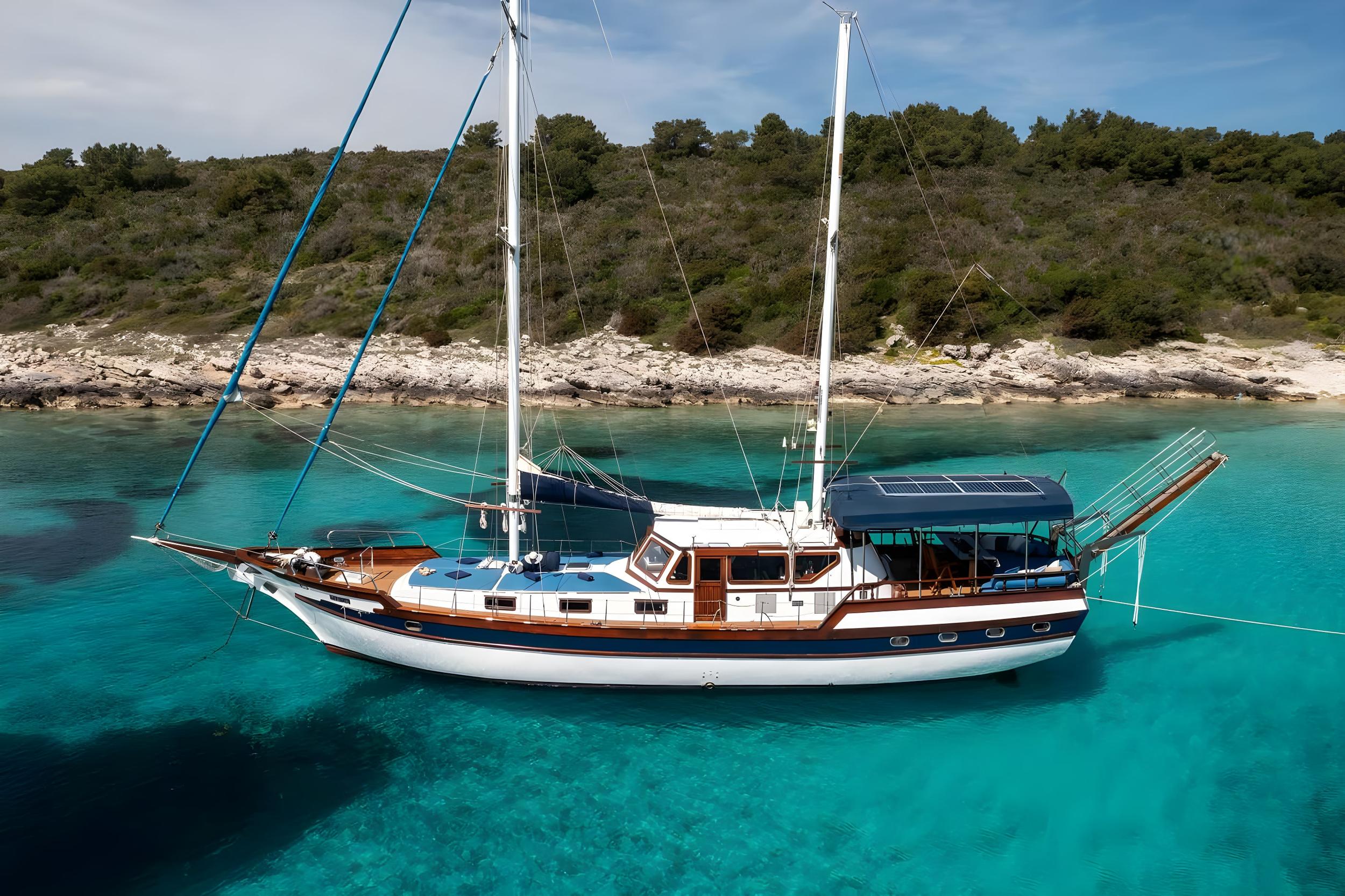 white and wooden gulet with two masts anchored in crystal clear turquoise waters near rocky coastline