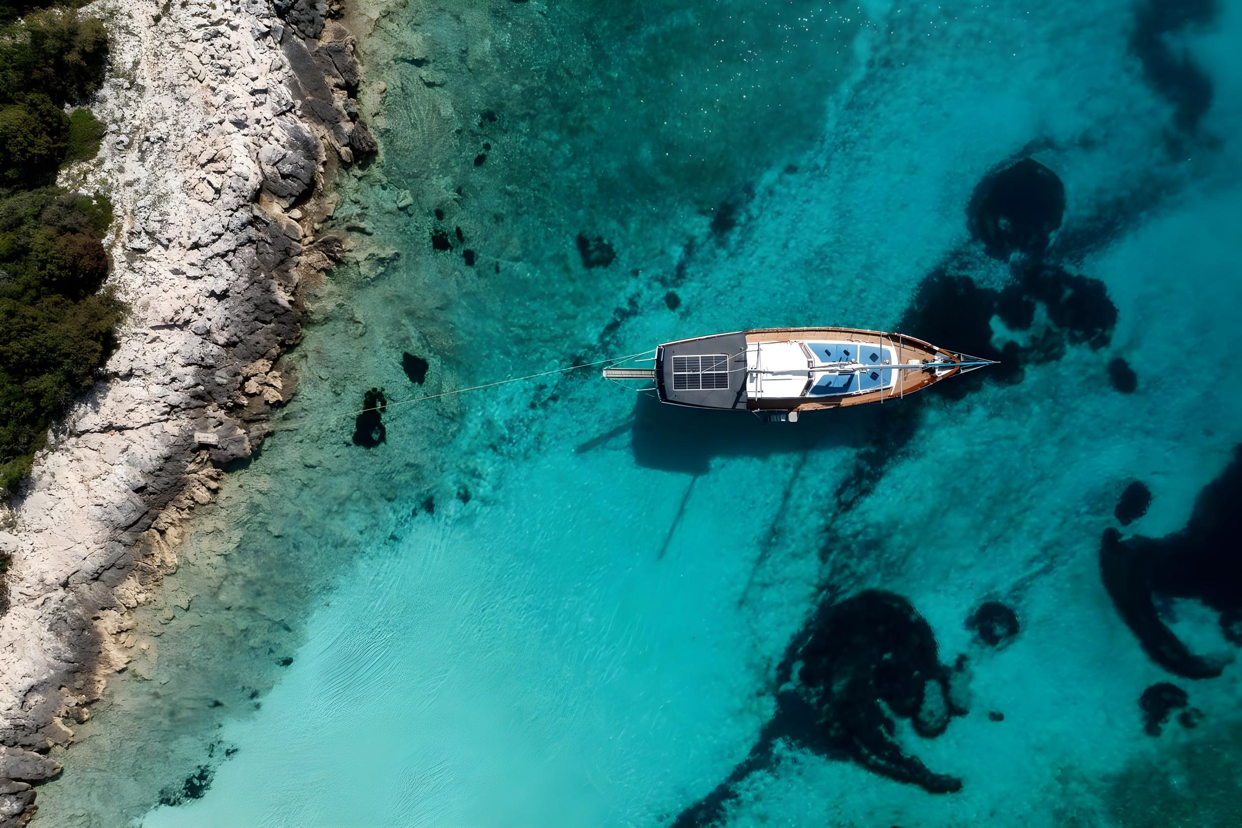 aerial view of traditional gulet yacht anchored in crystal clear turquoise bay near rocky coastline