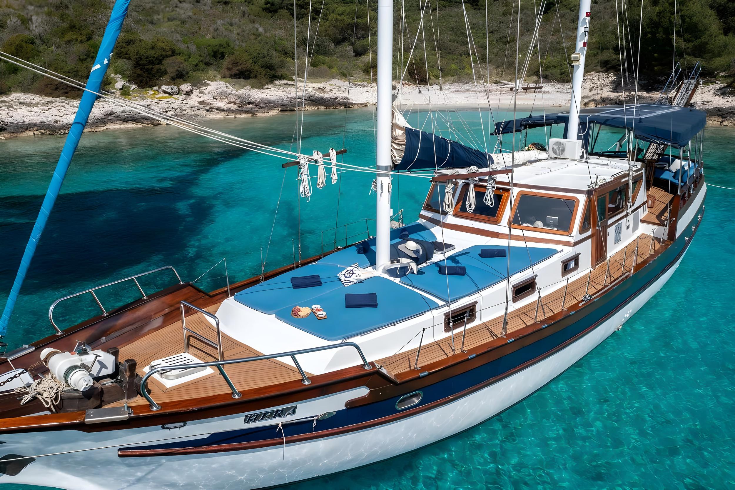 white and blue traditional gulet with teak decks anchored in crystal clear turquoise Mediterranean waters