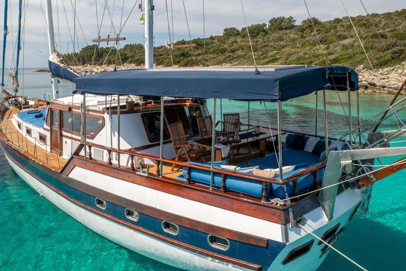 Traditional wooden gulet stern deck with dining table, chairs and blue canvas awning in turquoise waters