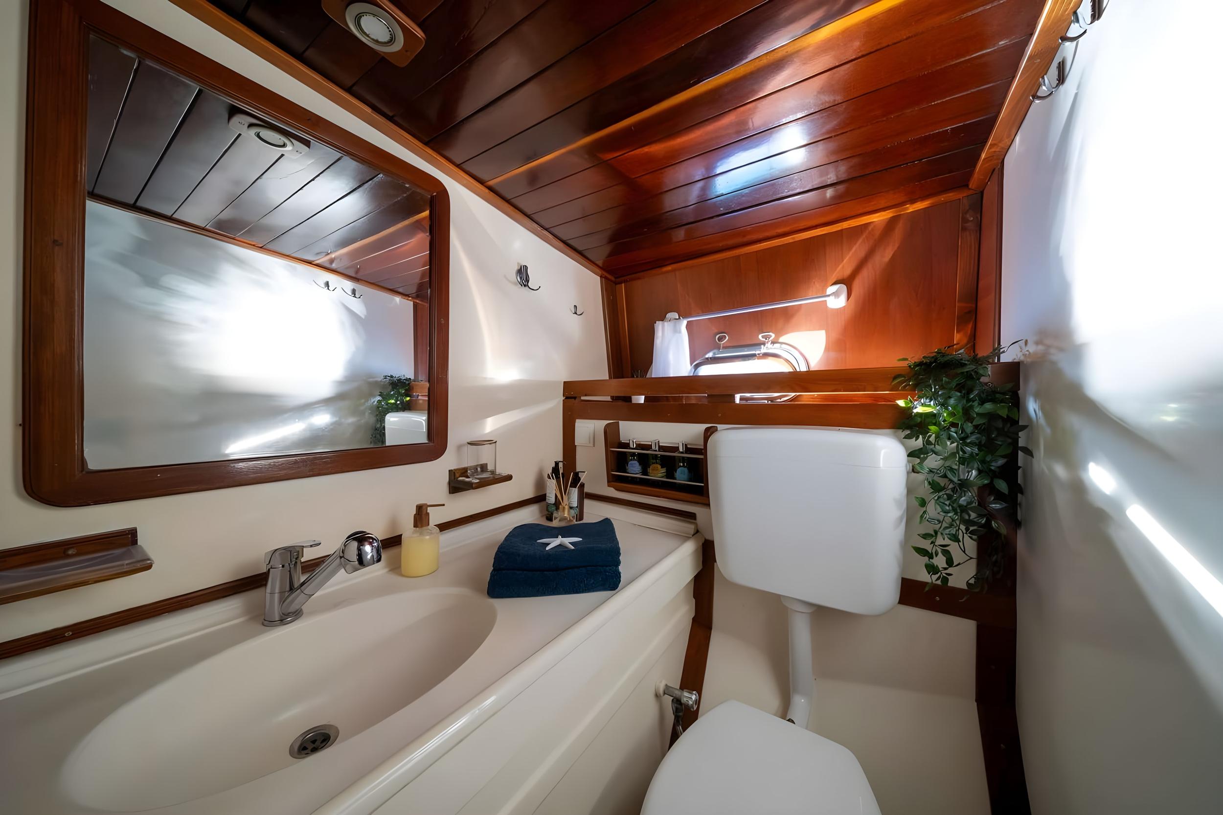 yacht bathroom interior with white sink, wood-framed mirror, toilet and wood ceiling