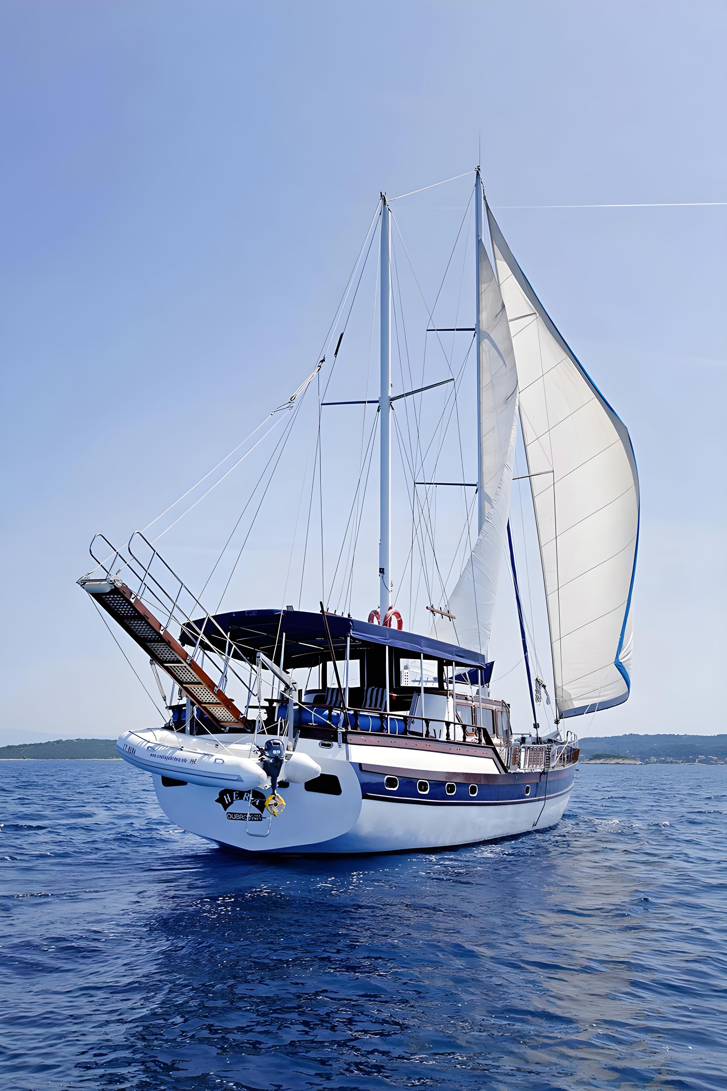 Classic gulet named Hera under full white sail in calm blue Croatian waters