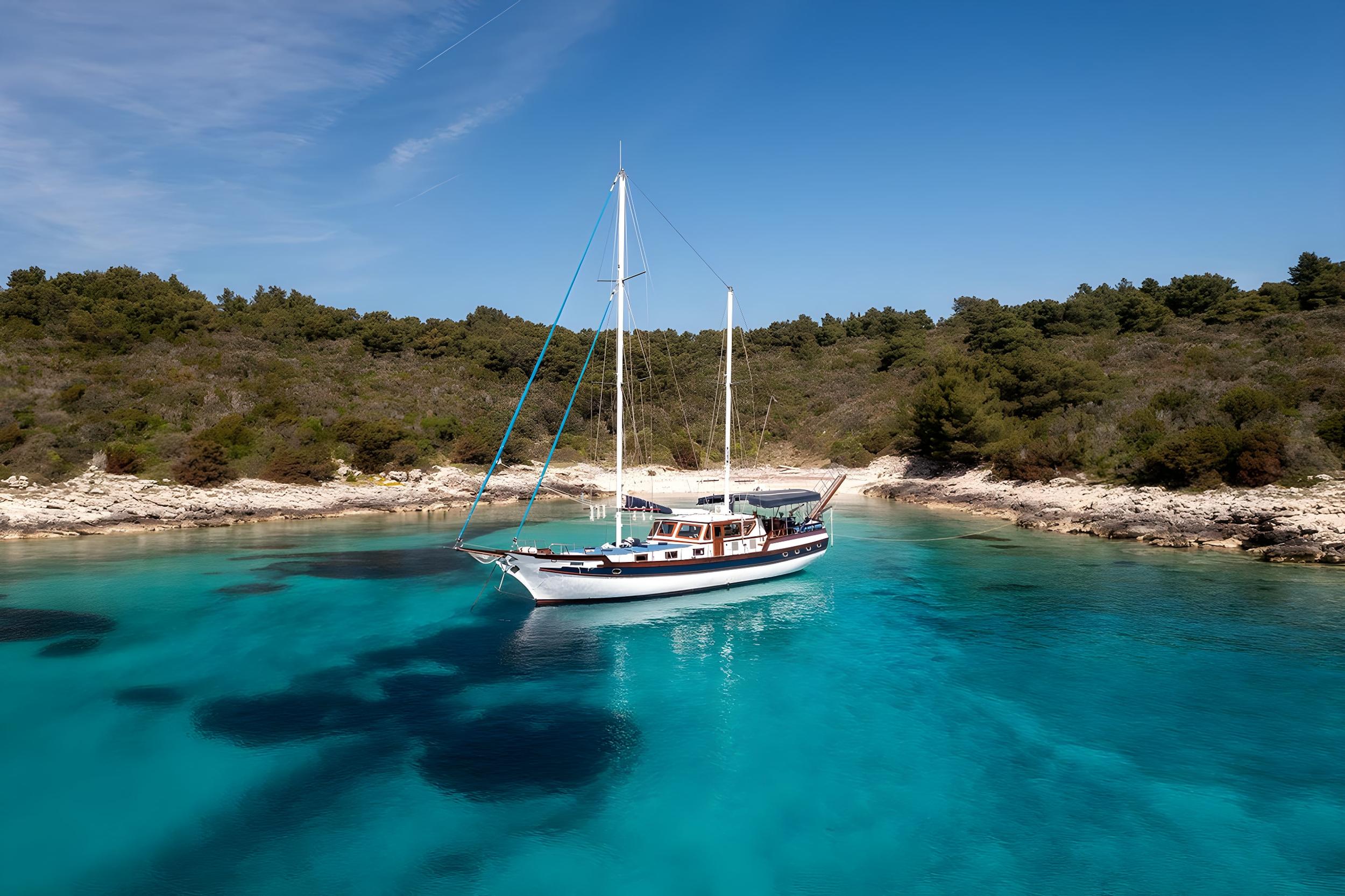 Traditional wooden gulet anchored in crystal-clear turquoise bay surrounded by rocky pine-tree coastline