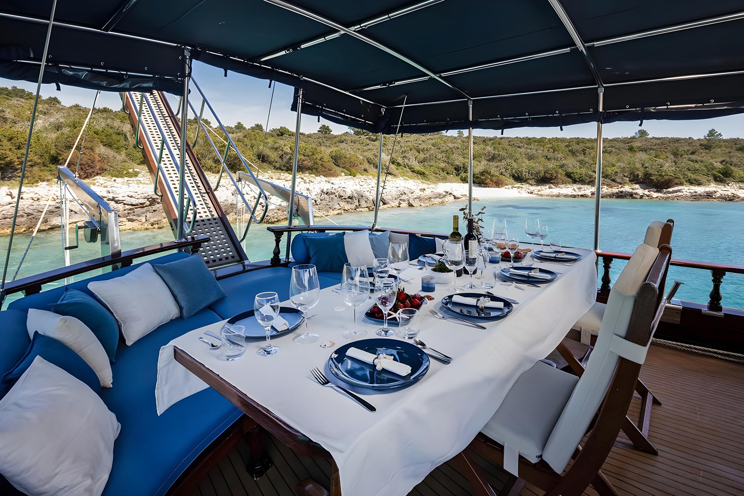 Luxury gulet aft deck dining table set with navy plates, wine bottle, strawberries and crystal glasses anchored in turquoise bay