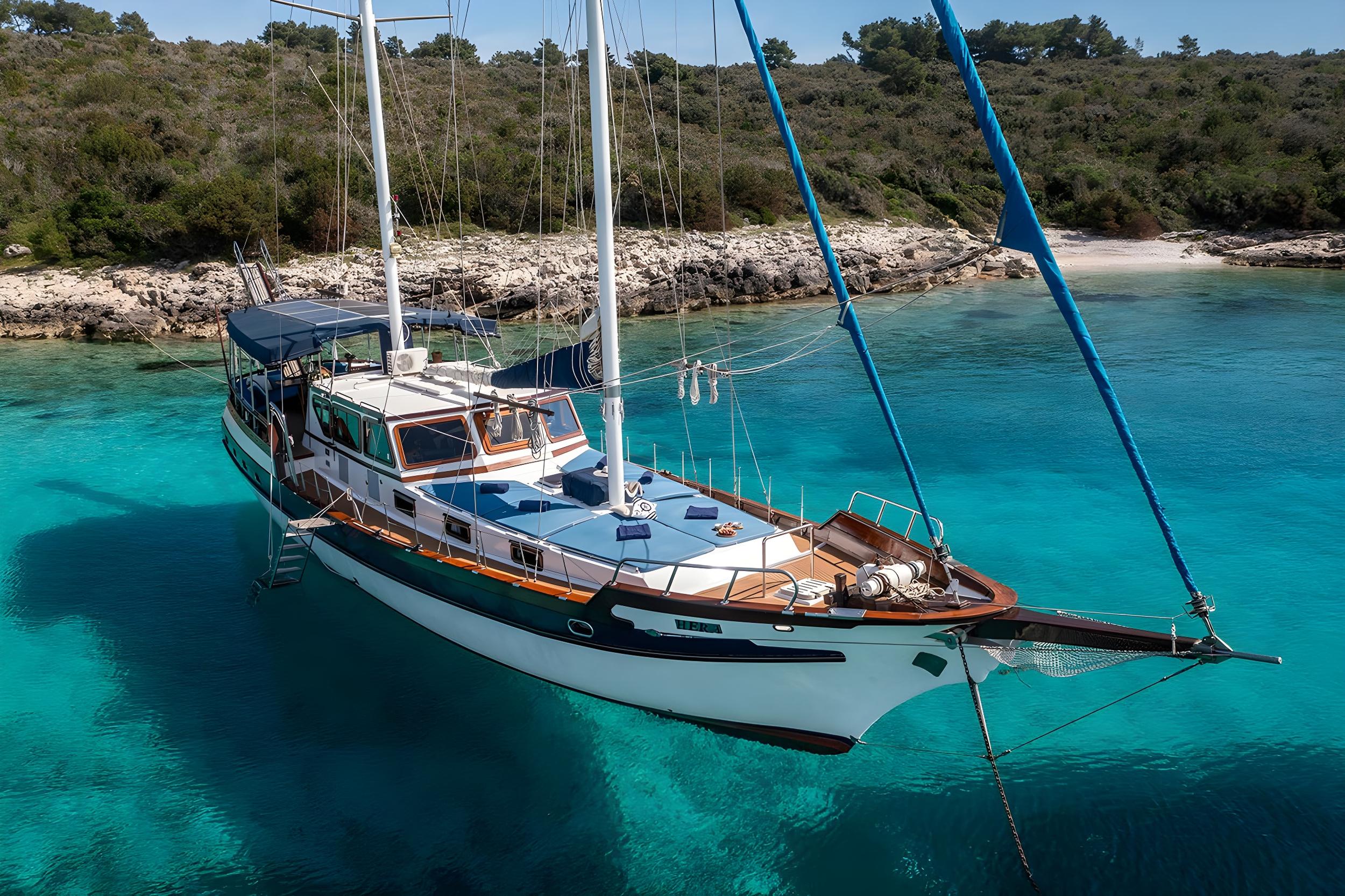 Aerial drone view of a classic gulet anchored in a crystal-clear turquoise bay with rocky shoreline