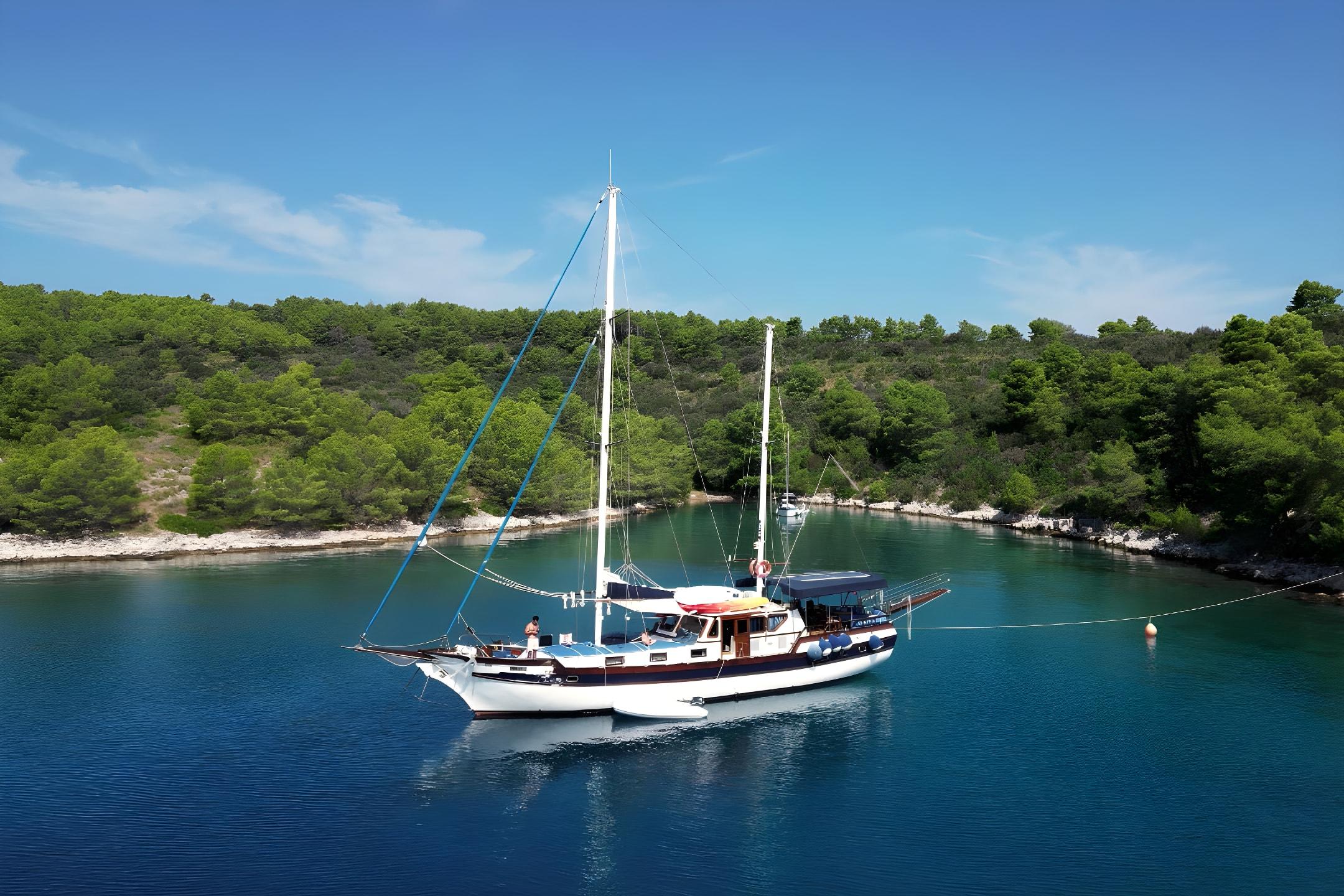 Classic gulet moored stern-to in a sheltered turquoise bay surrounded by pine-covered limestone hills