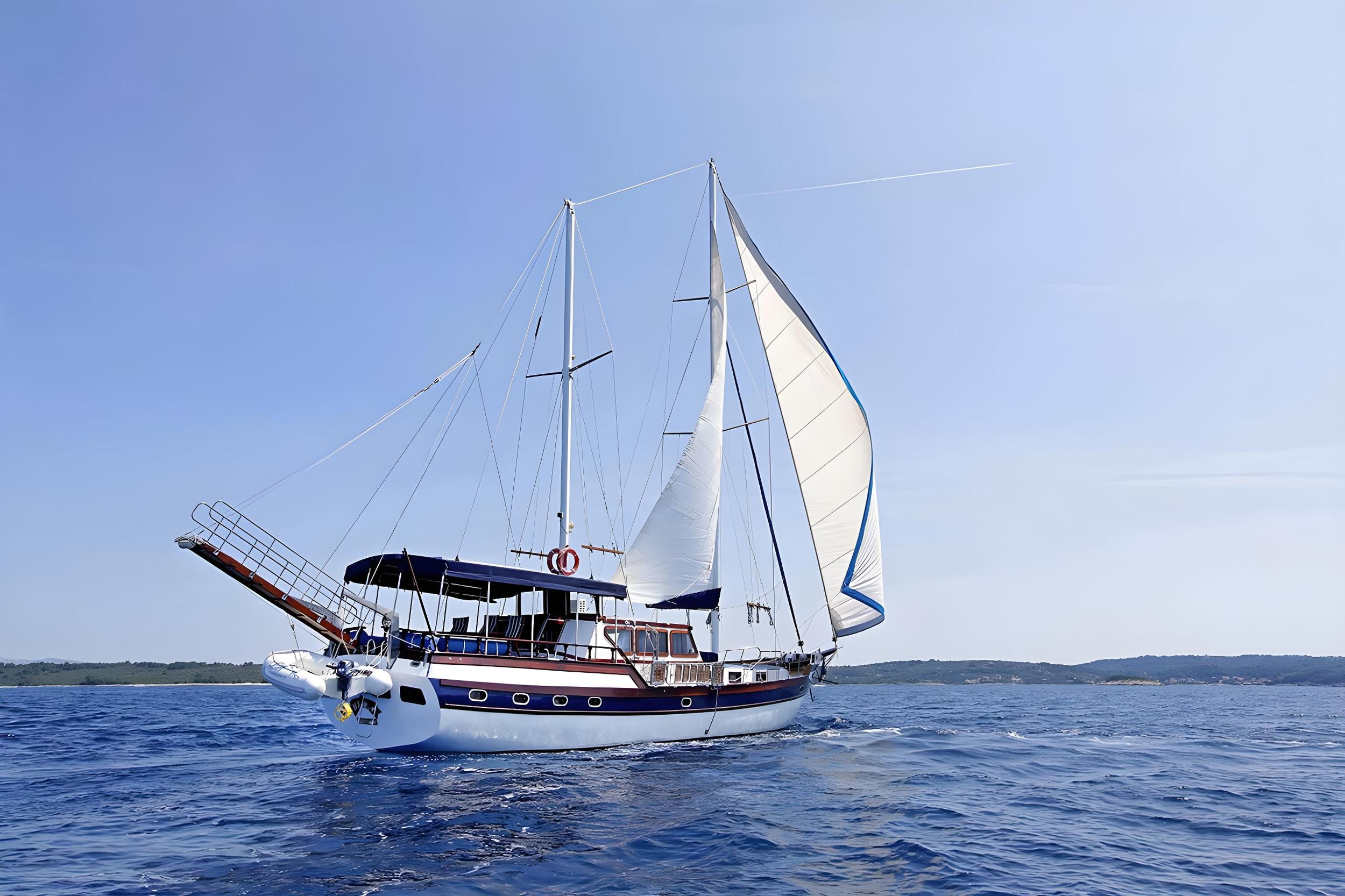 Classic wooden gulet sailing underway with two white sails fully deployed on blue sea