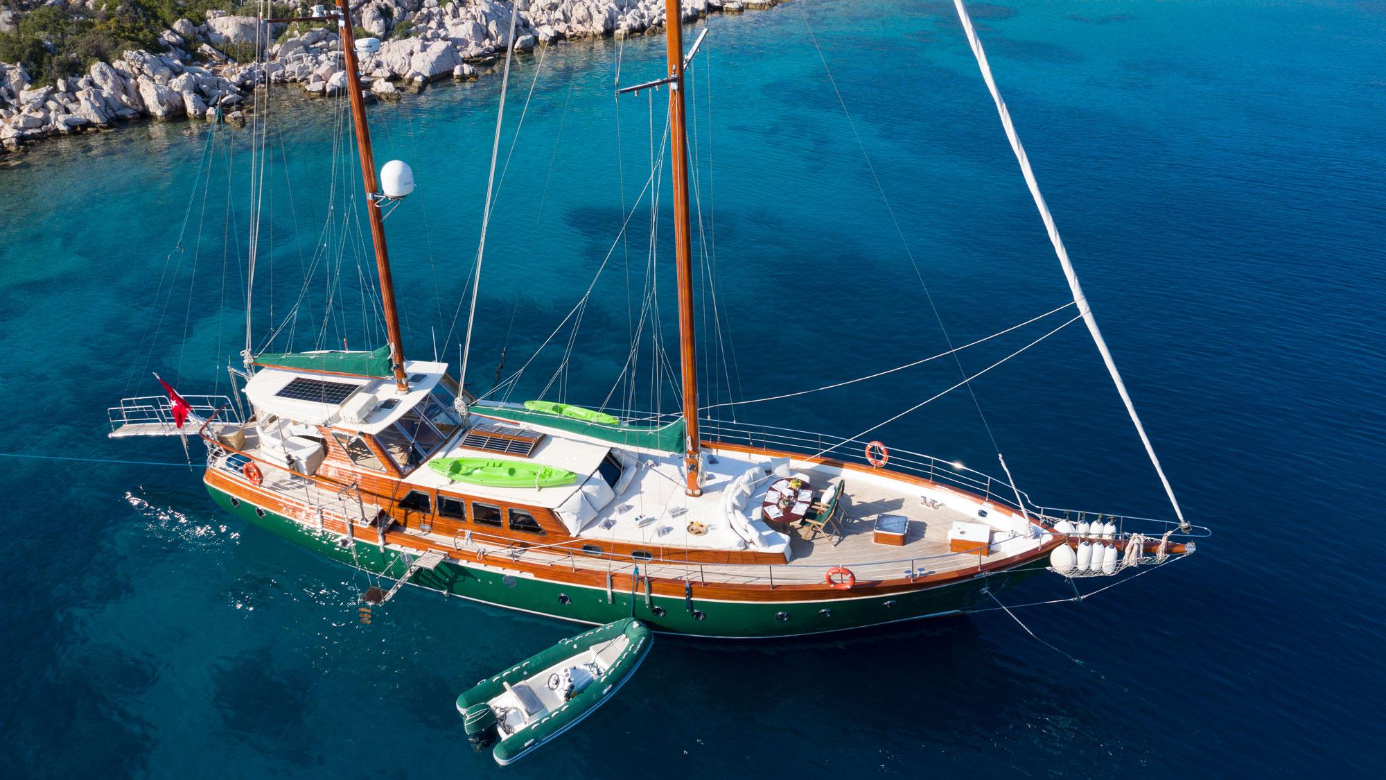 aerial view of wooden gulet yacht with green hull anchored in crystal blue Mediterranean waters near rocky coastline