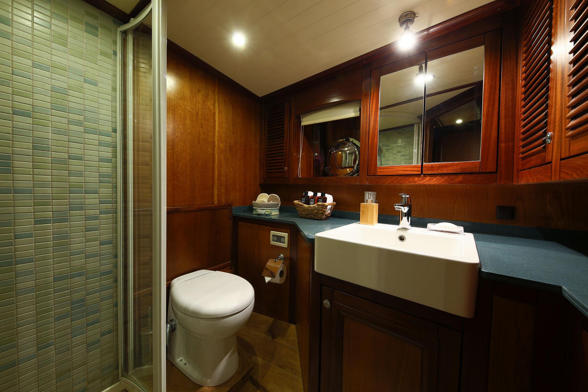 yacht bathroom with white vessel sink, toilet, glass shower door and dark wood cabinetry